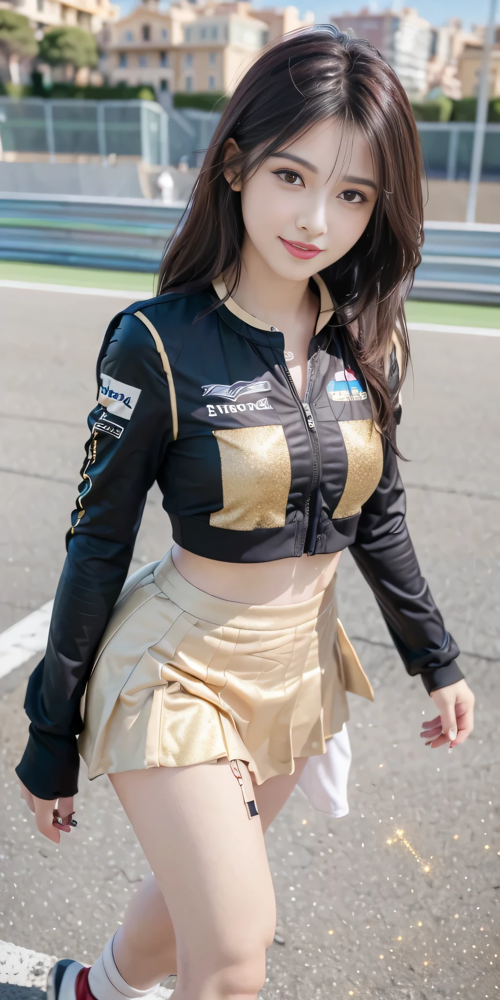 (8K, Raw photo, Best Quality, masutepiece:1.2), (Realistic, Photorealsitic:1.37), 超A high resolution, 1girl in, 18 years old, (Idol:1.4), (famous actress :1.4), (beautifull detailed face:1), bangle tea color floating hair), Skin Dentation, Light makeup, (Beautiful big breasts:1.3), (gleaming skin:1.1), Shiny skin, long limbs, slim, hanging breasted:1.3, Narrow waist, medium hips, thin legs, slim thigh, Dynamic lighting, Sexually suggestive faces, Glossy texture, lip stick, V-shaped eyebrows, v-line jaw, Looking at Viewer, (Long hair:1.face perfect:1.4), ((heavy wind)), Flowing hair, audience, (Smile:1.3), blue-sky, (((Monte Carlo Street Circuit))), (((racing car))), (((Racing Bikes))), ((Promotion Girl:1.3)), ((Grid Girl:1)), Pink lip, Light makeup, (Detailed promotional costumes are intricately worn:1.10), lace-up boots, cropped tops, (Tube Top Bra:1), knee high, (((Nylon long sleeve jacket with many logos))), ((Nylon knee length long skirt)), (nylon glitter pleated skirt), small ass, ((Promotional wear with logo)), (((Black and Gold Glitter Promotional Wear))), Fingerless gloves, A dark-haired, Brown hair, Red hair, Blue eyes, (Dynamic Angle), Walking, bending forward, audience,