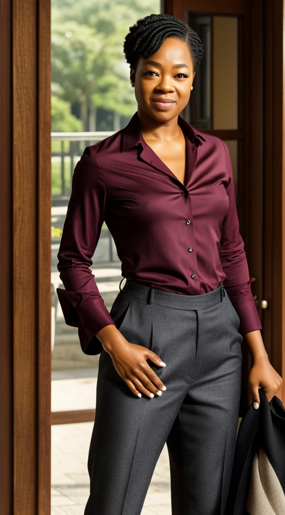 a woman with a red shirt and a black tie with black slacks and black suspenders and wingtip shoes, this person does not exist, black, asian, african, japanese, determined facial expression, mixed-race woman, makoto aida-lolly adefope-amber riley-sasha compére-loretta devine-oprah winfrey-gabby douglas-condola rashad-dana davis-sonequa martin green-viola davis merged, entire body visible, full body, hyperrealistic, real human skin, best quality, 8K, masterpiece, extremely intricate, detailed eyes, detailed face, detailed body, exaggerated features, pronounced features, fujifilm