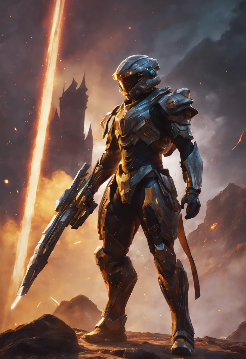 Explosive Combat: Immerse your viewers in the heart-pounding chaos,Call of Duty mobile, with a 4K featuring intense battlefield, explosions and soldiers in action.Special Ops 3 - Air Brush,shinobitech , (masterpiece:1.2),(best quality:1.2),sharp focus,(8k), (4k),HDR, CG, fantasy, extremely detailed, intricate, illustration,absurdres,(photorealistic face:1.2), hyper detailed, (perfect face),soft lighting,highres,tonemapping,sci-fi,Science Technology, future,intricate,sharp focus,semi-realistic,multiple colorful,outside the space ,1boy, unstoppable legends king has return from the awakening ,a god king paladin warrior wearing a futuristic cosmic galaxy mobile armorsuit that has been covered with the galaxy cosmic color and black hole halo with helmet and cloak combine with military cyborg technology combine with warframe and medieval ,Godzilla dragon Soul wave coming out from the armorsuit ,standing in front of the forgotten castle Kingdom that has been in the galactic universe,(full body),full body shot,detailed hand,, night universe time,wields a very long katana that combines a lightsaber with a black hole that can change into a variety of weapons