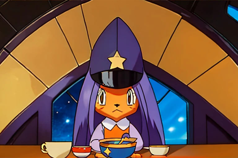 There is a longhair orange cat with a white chin, wearing a pointy purple wizard hat. The hat has stars on it. She is sitting by an empty bowl of soup. She is a psychic type Pokémon. The background looks like a Japanese dinning room. The image is in the style of Pokémon card art.