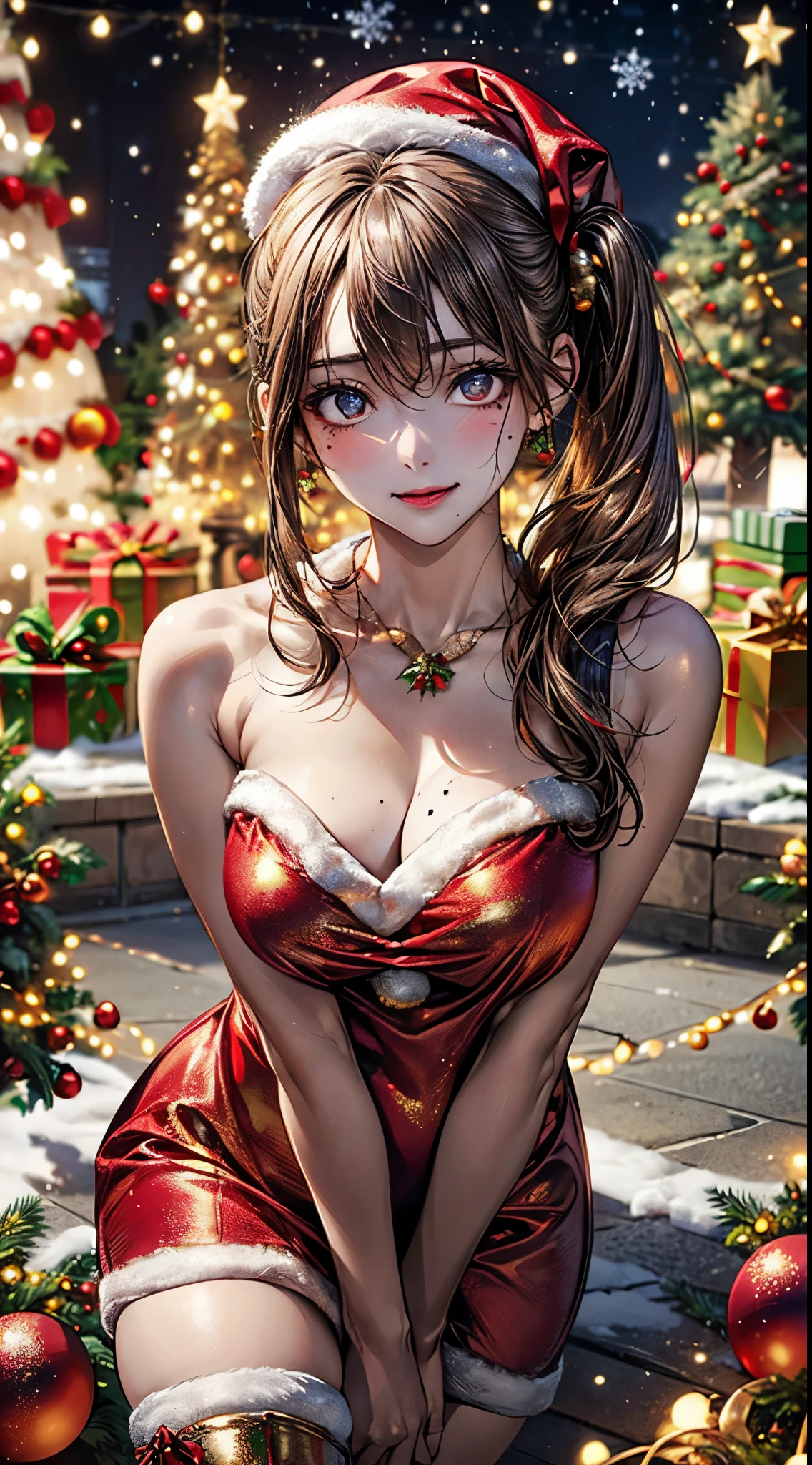 (masterpiece:1.2, top-quality), (realistic, photorealistic:1.4), beautiful illustration, NSFW, looking at viewer, cowboy shot, front view:0.8, 
1 girl, japanese, high school girl, beautiful hair, beautiful face, beautiful detailed eyes, 
(long hair:1.8, side ponytail:1.7), bangs, hair between eye, light brown hair, blue eyes, mole under eye, 
beautiful clavicle, beautiful body, beautiful chest, large breasts:0.8, beautiful thighs, beautiful legs, beautiful fingers, bare thighs, (thick thighs, large valleys), 
(beautiful scenery), christmas night, outdoors, (christmas tree:1.3), 
((wearing santa claus costume, symmetrical clothing, metallic red santa claus hat, metallic red santa claus dress, metallic red santa claus boots, bare shoulders), jewelry pias, christmas necklace), 
((seductive posture:1.5, attractiveness:1.5)), 
(erotic, sexy, upper eyes, laugh), shiny skin, walking, 
celebration, exquisite details, exciting surprises, shiny ornaments, sparkling tinsel, 
anticipation, festive mood, magical ambiance, delightful moment, wonderful memories, christmas magic, extravagant, abundance of presents, 
perfect face, cute and symmetrical face, natural side lighting, movie lighting), depth of fields,
