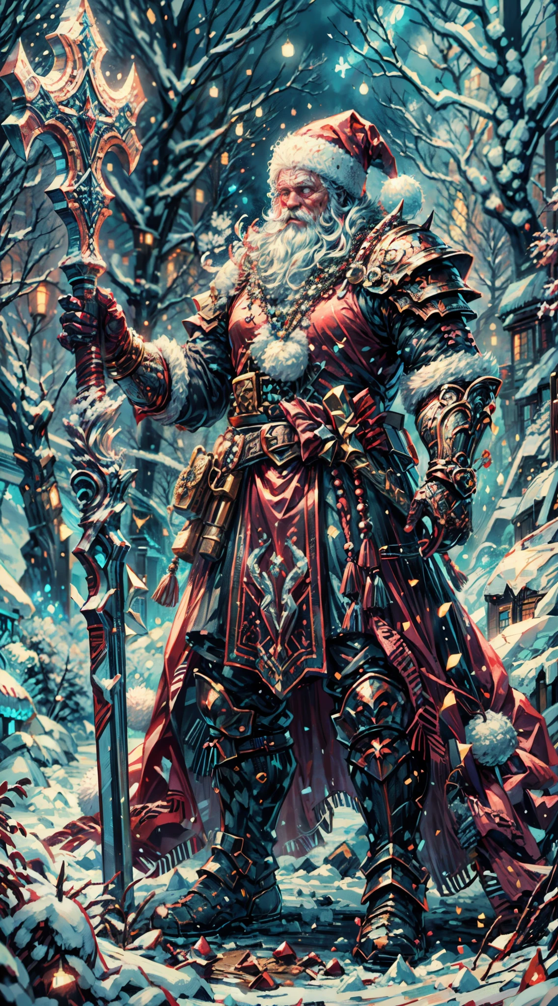 Santa Claus as the boss of the game "Dark Souls" in the Christmas DLC,best quality,4k,8k,highres,masterpiece:1.2,ultra-detailed,realistic:1.37,[HDR],[UHD],[studio lighting],extremely detailed face,beautiful detailed eyes,beautiful detailed lips,long eyelashes,[physically-based rendering],powerful physique,wearing a red and white armor suit with intricate designs,[imposing presence],holding a mighty candy cane [greatsword],surrounded by a snowy landscape,with large icicles hanging from the environment,casting a golden aura,[epic battle scene],intense fire and smoke effects,[vivid colorokeh],blue and white color scheme with hints of gold, dramatic lighting with warm highlights and cool shadows.