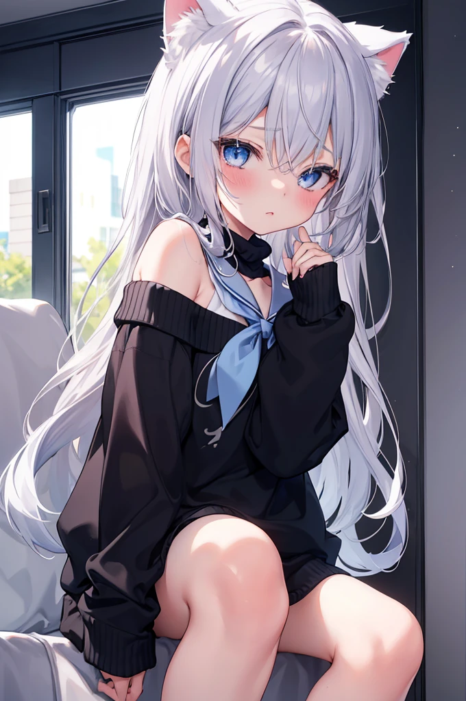 best quality, ultra precision, 1girl, cute, , young, boyish, childish, small breasts, silver hair, cat ears, blue eyes, beautiful eyes, girl, ecstasy, sailor collar, estrus, metestrus, start to undress, naughty mood, she loves you, lost virgin, virgin, blush, beautiful skin, big bow on chest I'm not wearing panties BLUE SWEATER, BLACK SHIRT, SHIRT UNDER SWEATER, OFF SHOULDER TOP) Tsundere