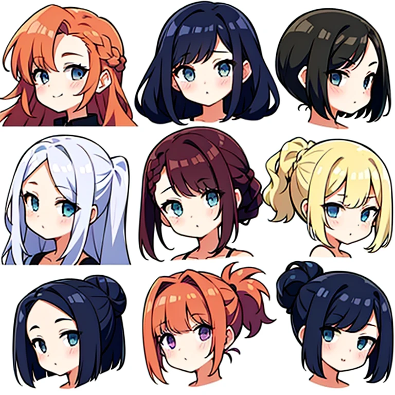 9 girls, white background,  different characters, multiple views, (Close up heads, portrait, mugshot), bra, bare shoulders, bikini, different hair colors, different hair styles, 
twin-tail hair style, 
pony-tail hair, wavy 
long hair, 
braid, 
parted bangs, 
high ponytail, 
low ponytail, 
big hair, cornrows, 
hair bun, 
hair rings, 
half updo hairstyle, 
diagonal bangs, 
two side up hair, 
flipped hair, 
blunt bangs, 

warm-toned hair colors, 
cool-toned hair colors, 
brown hair color, 
red hair color, 
yellow hair color, 
white hair color, 
purple hair color, 
blue hair color,