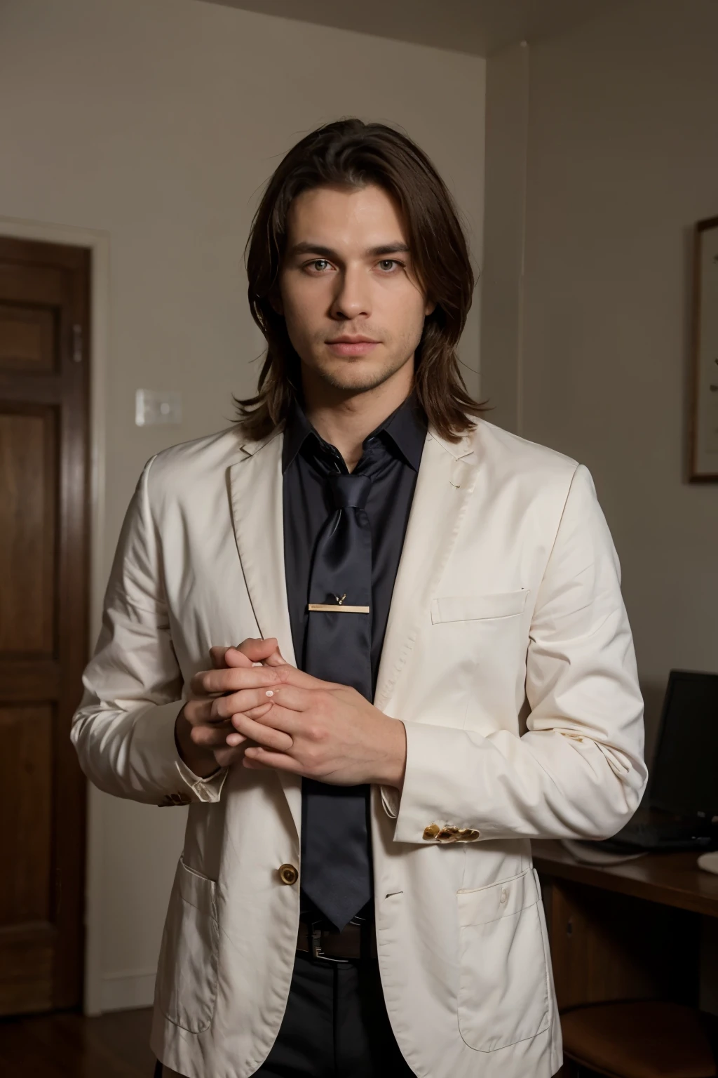 il y a un homme en costume et cravate qui anime une video, regarde en face, gesto solene, meditative pose, Photo de profil professionnelle, mains de bénédiction, Maxime Chirkov, pose suave et calme, Mains croiser, Closed hands, animation, in a business suit,bagrond buraux