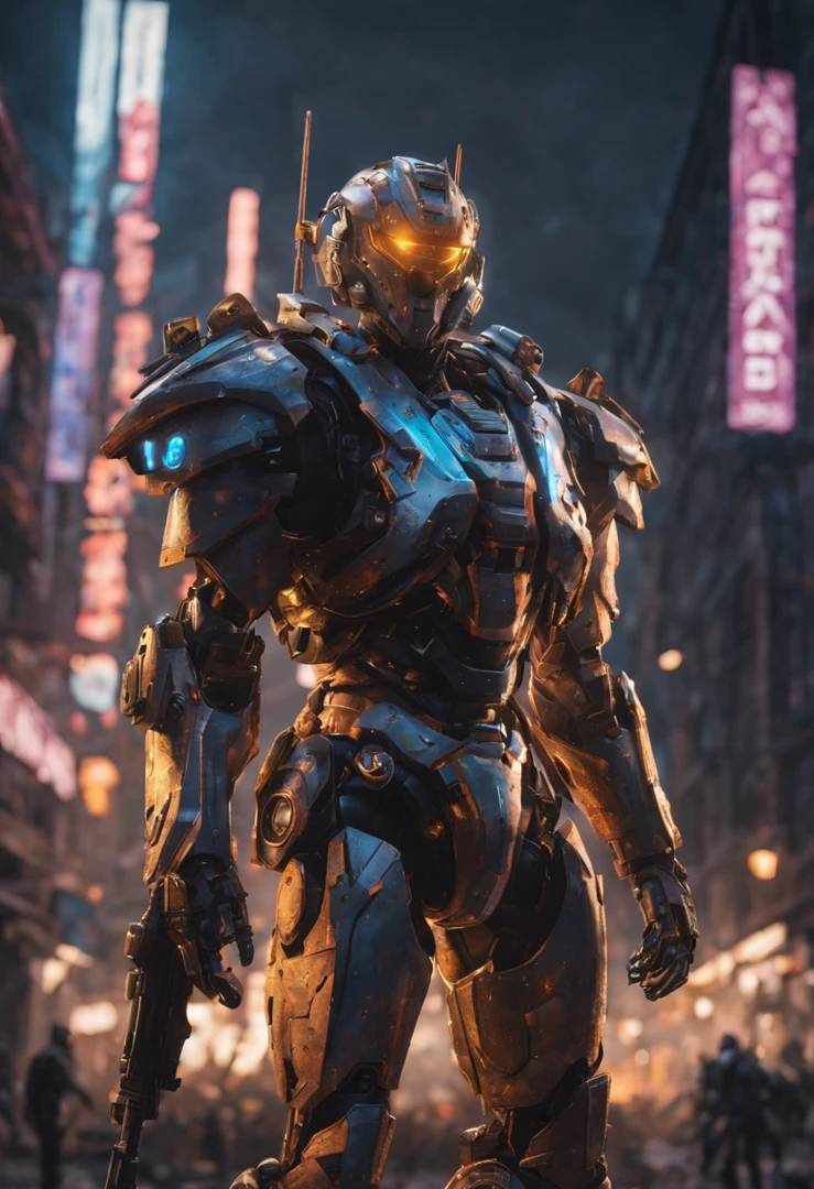 Explosive Combat: Immerse your viewers in the heart-pounding chaos,Call of Duty mobile, with a 4K featuring intense battlefield, explosions and soldiers in action.Special Ops 3 - Air Brush,shinobitech , sci-fi and medieval fusion knight, full body complex render ultra detailed of a grim ornate cracked heavy medieval armor android cyborg with laser sword ,robotic parts,150mm,beautiful studio soft light,rim light,cyberpunk robot knight,vibrant details,hyperdetailed,anatomical,cable electric wires,microchip,beautiful background,octane render, neon light features, complex, hyperrealistic masterwork by head of prompt engineering,