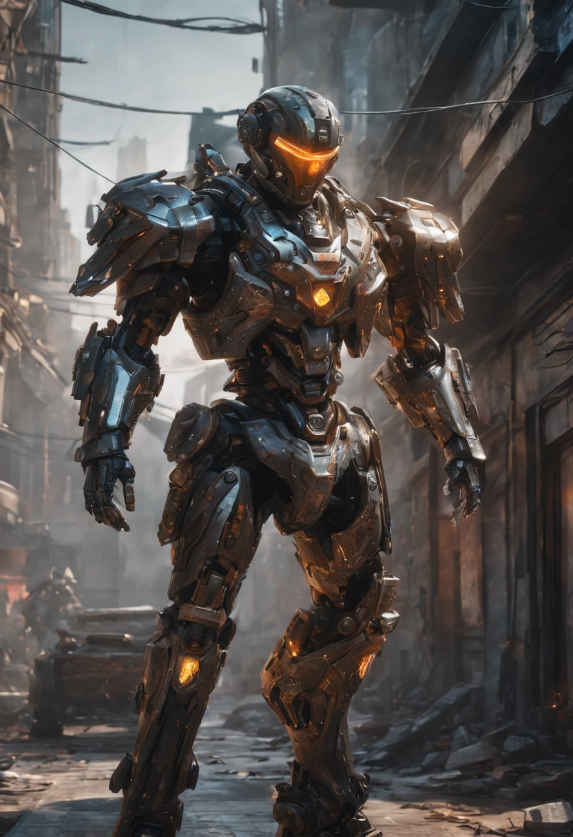 Explosive Combat: Immerse your viewers in the heart-pounding chaos,Call of Duty mobile, with a 4K featuring intense battlefield, explosions and soldiers in action.Special Ops 3 - Air Brush,shinobitech , sci-fi and medieval fusion knight, full body complex render ultra detailed of a grim ornate cracked heavy medieval armor android cyborg with laser sword ,robotic parts,150mm,beautiful studio soft light,rim light,cyberpunk robot knight,vibrant details,hyperdetailed,anatomical,cable electric wires,microchip,beautiful background,octane render, neon light features, complex, hyperrealistic masterwork by head of prompt engineering,