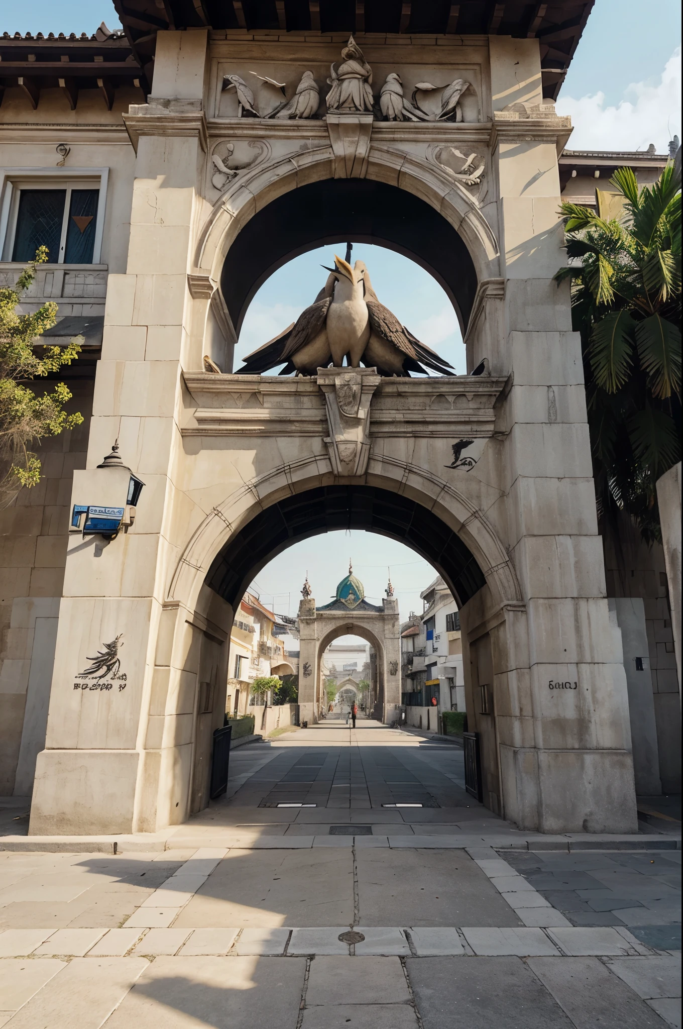the city gate with a magnificent design, there is a statue of 2 birds facing each other, under the two birds there is the writing "LIMPUNG" on the edge of the main road, the sidewalk is a palm tree