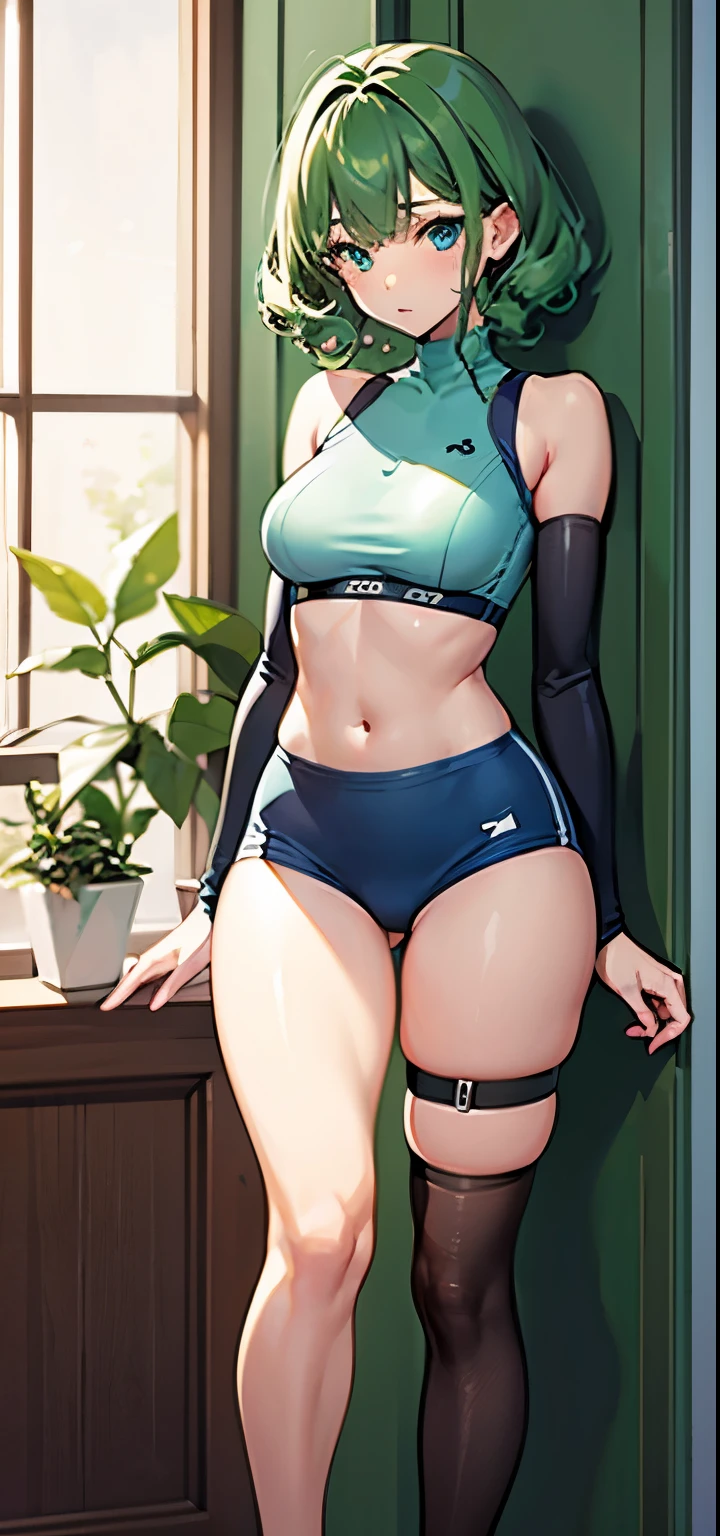 1 girl, solo, anatomically correct, short hair, curly hair, intense curls, cyan colour hair, green hair, beautiful blue eyes, medium sized boobs, small waist, wide hips, hourglass figure, Juicy thighs, wearing a short sports bra, side boob, turtle neck sports bra, bare shoulders, bare arms, mini skirt, sexy skirt, knees, stockings, stockings squeezing her thighs, sexy pose, 8k, best quality
