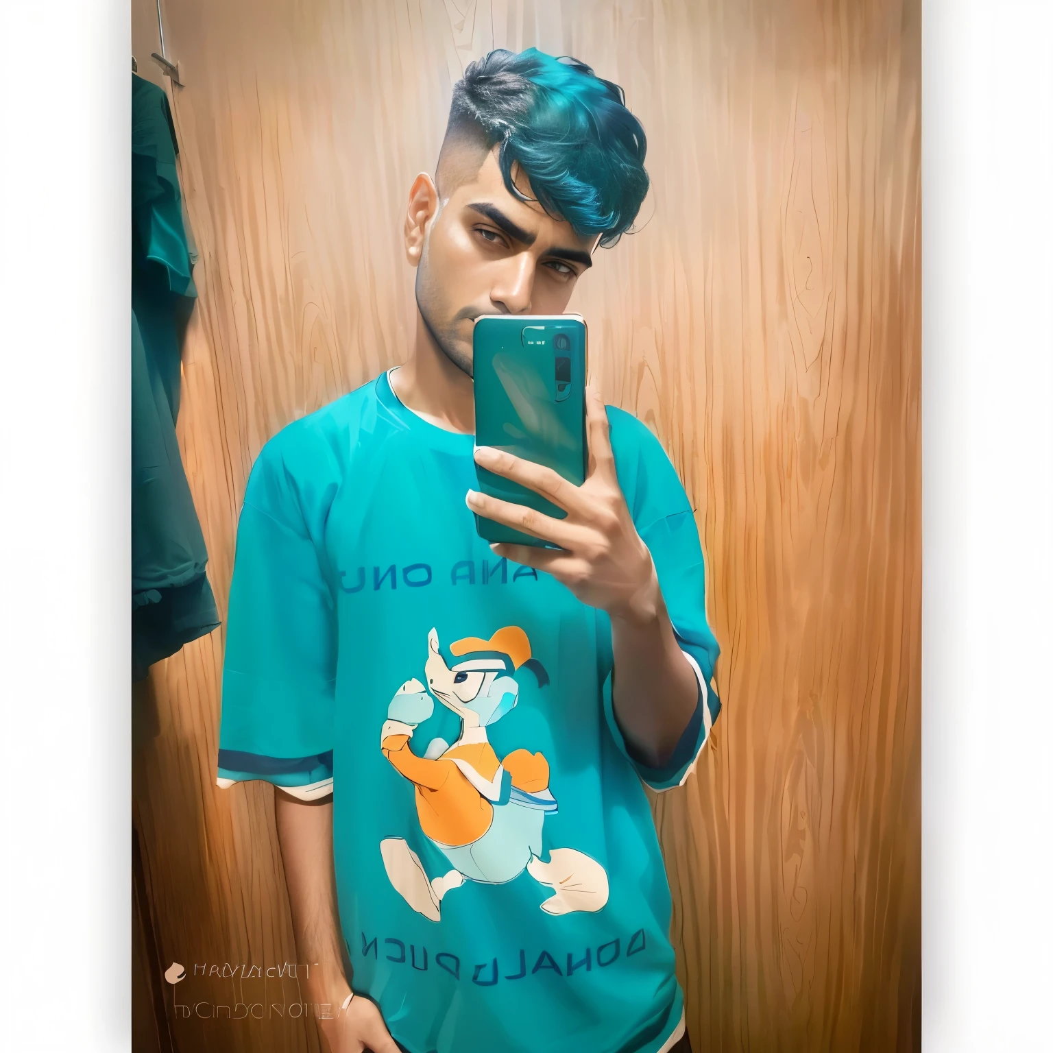 there is a man taking a selfie in a mirror, in tshirt, portait photo profile picture, with teal clothes, very very low quality picture, inspired by theCHAMBA, teal color graded, taken in 2022, inspired by Saurabh Jethani, candid picture, profile pic, by Android Jones, 2d matte, 2 d matte