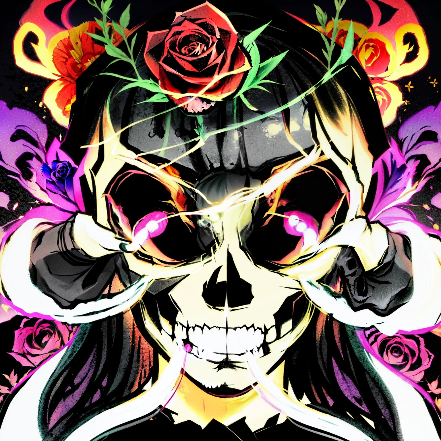 skull with flower crown and roses on head in front of a black background, ((skull)), beautiful male god of death, fantasy skull, the king of death, sacred skull, death skull, by Taro Okamoto, portrait of the god of death, overlord!!!, skull, 中 国 鬼 节, vivid!!, full color digital illustration