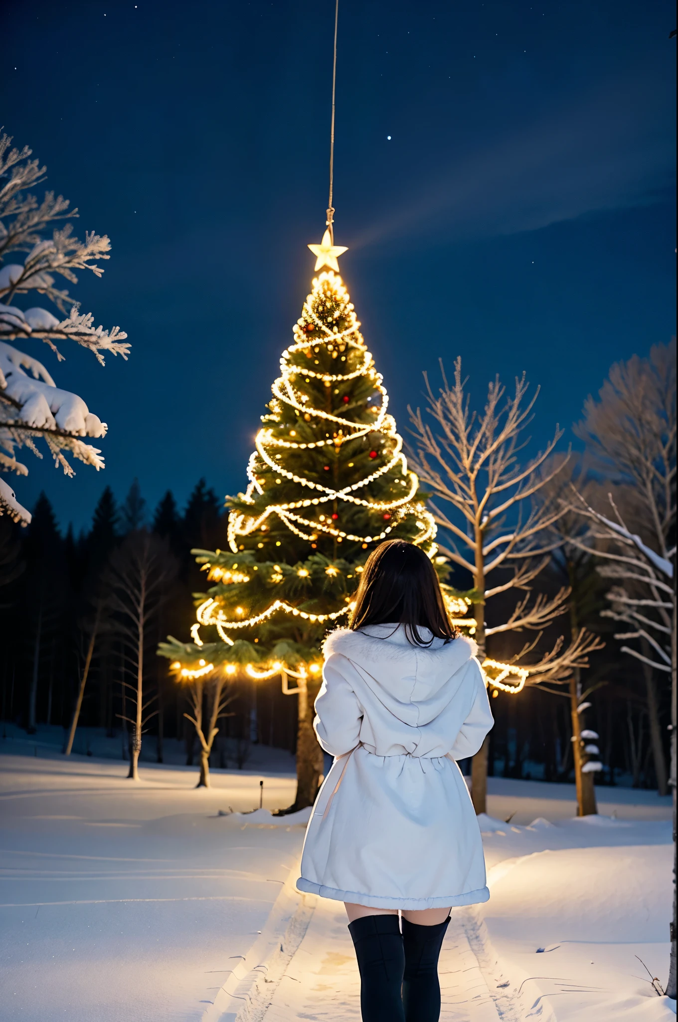 (Best Quality,4K,hight resolution,masutepiece:1.2),Realistic,Christmas,girl (15 years old),Hugging a big teddy bear、(fullnude)、backshots、Looking up at the night sky、a closeup,Snow falling in the background,Winter wonderland,Magical atmosphere,Soft lighting,Vibrant colors,Happiness,Welcoming environment,Warmth,Shortcut Hair,Shimmering decoration,Twinkling lights,wrapped present,magic snowflake,Christmas tree with ornaments,log cabin,Peace and quiet,Excitement and anticipation,Snowy landscape,Enchanted moments,Upholstered stockings