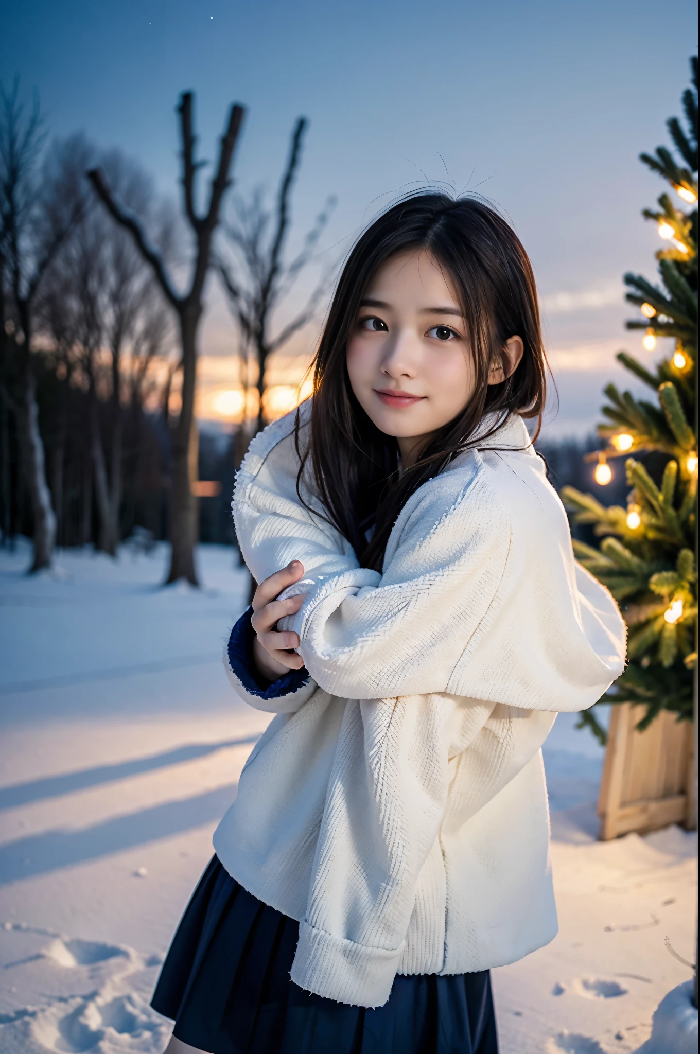 (Best Quality,4K,hight resolution,masutepiece:1.2),Realistic,Christmas,girl (15 years old),Hugging a big teddy bear、(fullnude)、backshots、Looking up at the night sky、a closeup,Snow falling in the background,Winter wonderland,Magical atmosphere,Soft lighting,Vibrant colors,Happiness,Welcoming environment,Warmth,Shortcut Hair,Shimmering decoration,Twinkling lights,wrapped present,magic snowflake,Christmas tree with ornaments,log cabin,Peace and quiet,Excitement and anticipation,Snowy landscape,Enchanted moments,Upholstered stockings