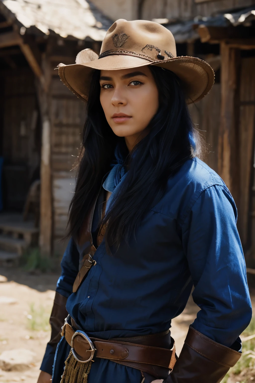 femele，Western fantasy style，Black hair with blue highlightlue color eyes
