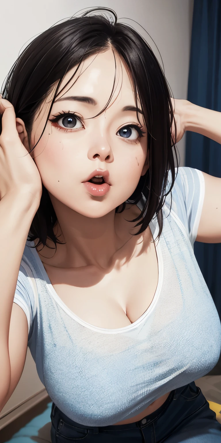 realisticlying、52 year old girl、T-shirt wearing，Face enhancement，Chest super large zoom，Cleavage emphasis，Looking up from the bottom，Blue Shanist&#39;lips are a little red，A sexy，Bed sit，Open your mouth wide、Put your arms around the back of your head、Wearing underwear