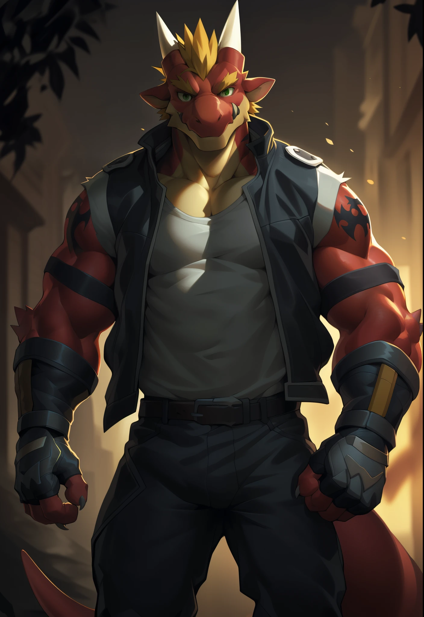 anthro, solo, delga, dragon, clothing, male, topwear, muscular, muscular anthro, jacket, shirt, fingerless gloves, green eyes, muscular male, red body, looking at viewer, hi res, bottomwear, tatoo, white vest, blonde hair, detailed background, photorealistic, realistic hands, 8k hd, extreme detail, (dark shadows, wide dynamic range, hdr, low light:1.2), by canyne khai,by milkytiger1145,by takemoto arashi,by null-ghost