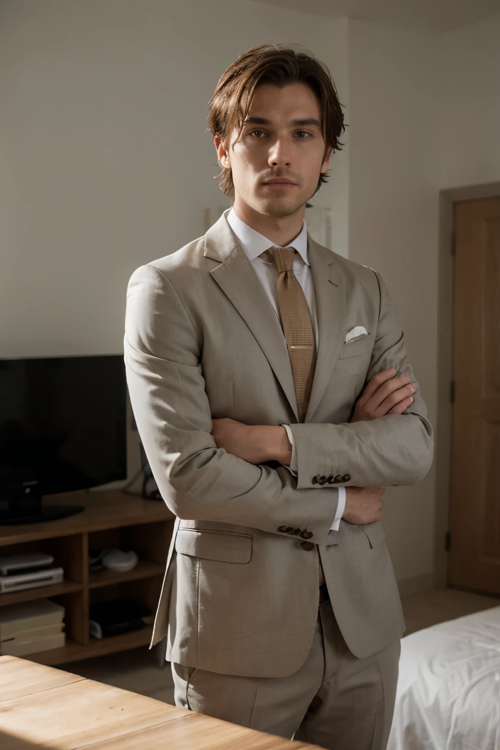 il y a un homme brun baux chevaeux court en costume et cravate  qui anime une video, regarde en face, gesto solene, meditative pose, Photo de profil professionnelle, mains de bénédiction, Maxime Chirkov, pose suave et calme, Mains croiser, Closed hands, animation, in a business suit,bagrond font vert