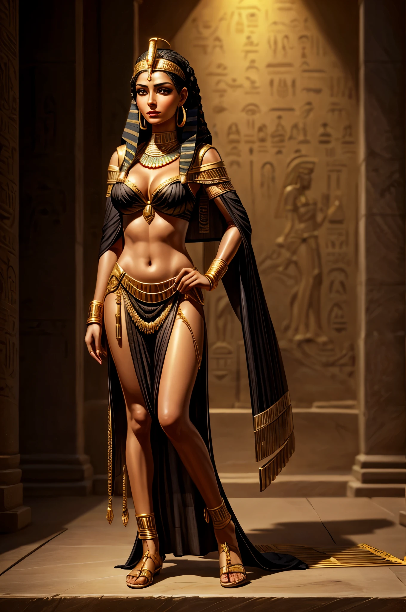Egyptian woman, pharaoh, gold jewelry, Masterpiece, Ultra realistic, Photo realism, standing, short black hair in braids