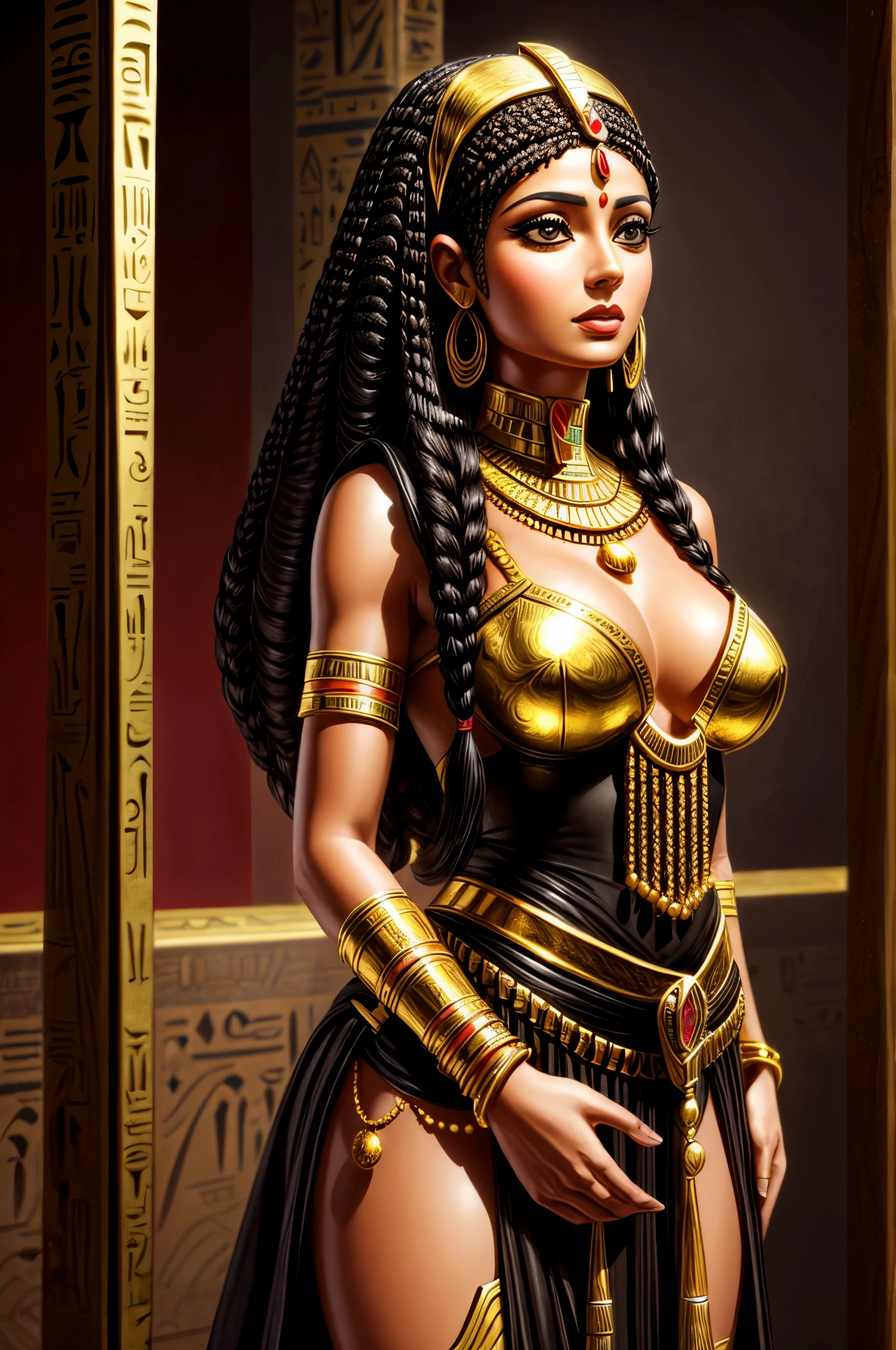 Egyptian woman, pharaoh, gold jewelry, Masterpiece, Ultra realistic, Photo realism, standing, short black hair in braids