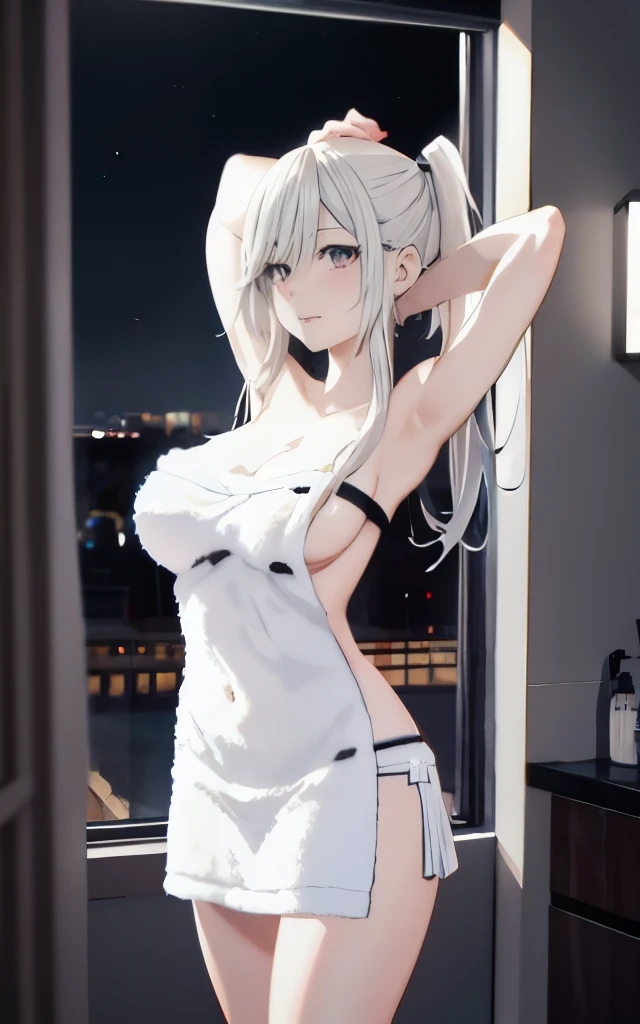 ((anime girl with big breast posing in front of a bathroom window in hotel)), (((night view))), ((twintail)), (((wearing bath towel))), seductive anime girl, best anime 4k konachan wallpaper, perfect white haired girl, attractive anime girl, 4k anime wallpaper, 4 k manga wallpaper, oppai, detailed digital anime art, anime best girl, beautiful anime girl, detailed anime artwork, beautiful alluring anime woman