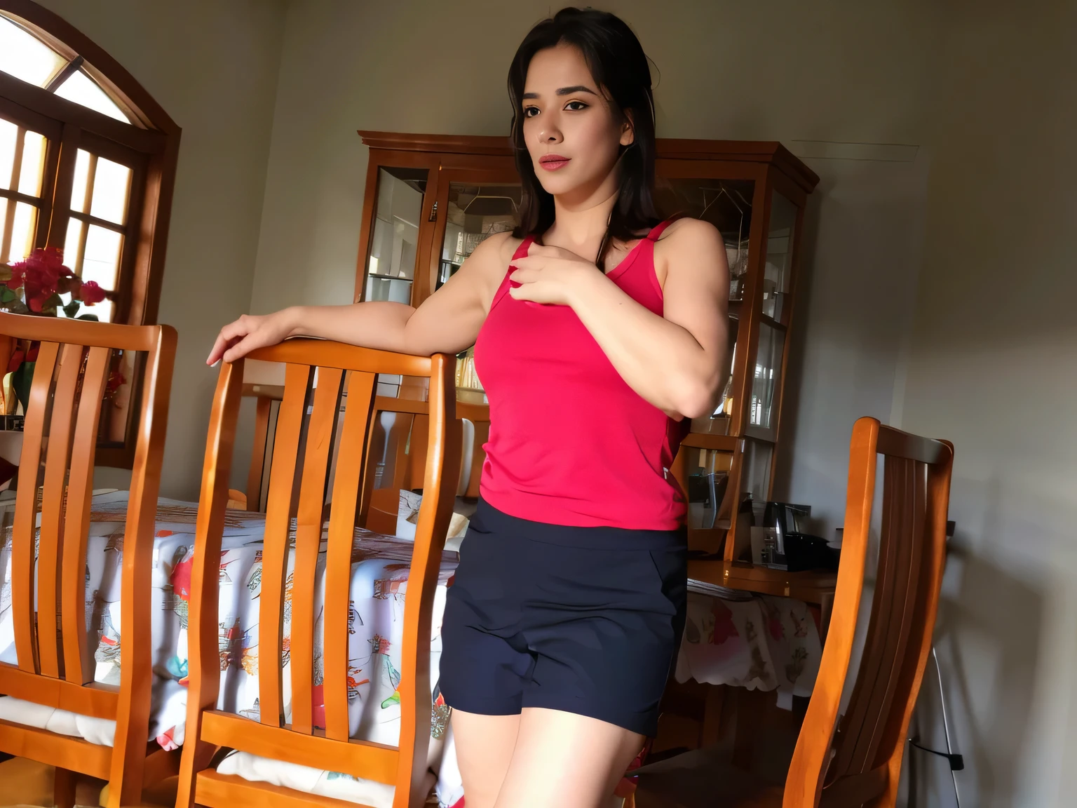 mulher de camisa rosa e saia preta em frente a uma cadeira de madeira, com uma saia vermelha, sentado em uma mesa, usando uma camisola, usando uma regata e saia, usando saia, vestindo roupas apertadas, usando uma camisola and shorts, usando um vestido de sol vermelho, usando regata vermelha, tocando suas roupas, vestindo shorts vermelhos, photo shoot