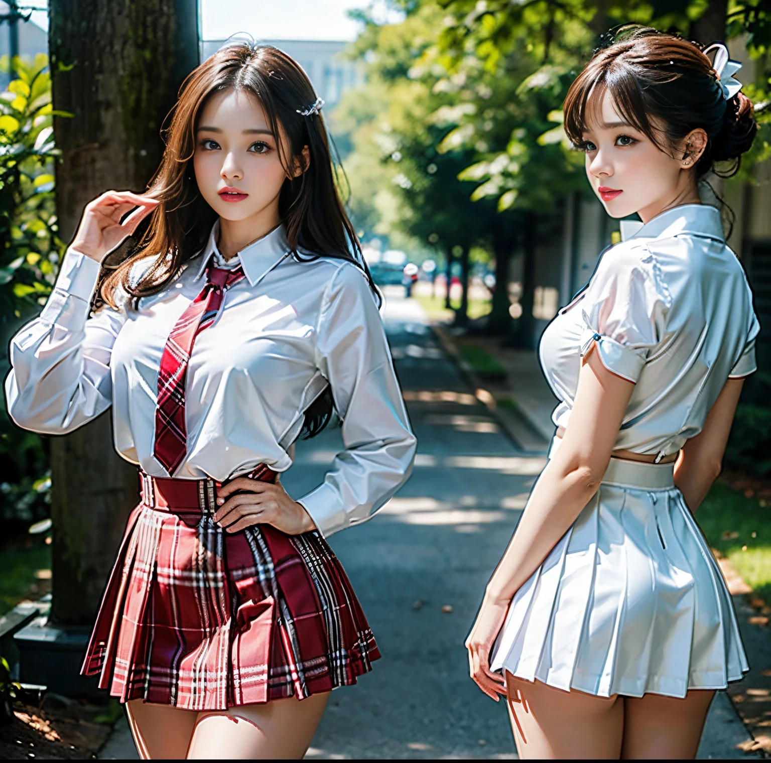 top-quality, 8K picture quality, masterpiece, A hyper-realistic, (Two girls side by side:1.2), Perfect body and firm big breasts, bright white skin, Tight white blouse with crimson ribbon tie, Micro mini pleated tartan check skirt, (the skirt is incredibly short:1.2), (Stick your butt out and look at your beautiful butt:1.3), (above the knee while standing), thin-waist, strong lights,, (It feels good to show your butt)