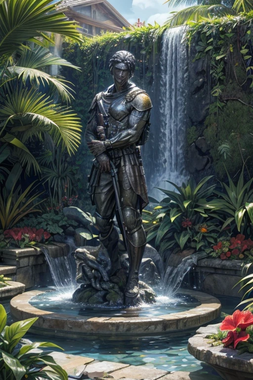 Explosive Combat: Immerse your viewers in the heart-pounding chaos,Call of Duty mobile, with a 4K featuring intense battlefield, explosions and soldiers in action.Special Ops 3 - Air Brush,shinobitech , (Best quality at best,4K,tmasterpiece:1.2),tropical garden,There is a fountain,Ancient Roman soldier bronze sculpture,The statue stands majestically, A stream of water spurted from his hand, Surrounded by vibrant gardens, Featuring exotic flowers and plants such as hibiscus and bromeliads. The garden should have a bold and eye-catching appearance, Have large, colorful leaves. The placement of plants should give people a sense of grandeur, Water features and sculptures add drama.