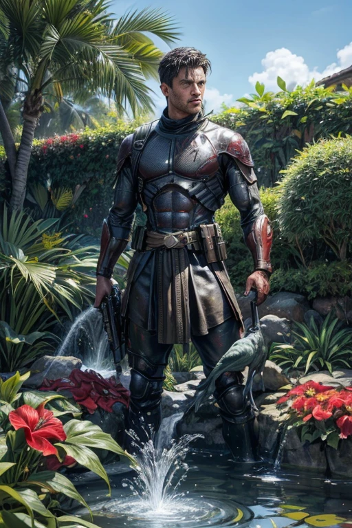 Explosive Combat: Immerse your viewers in the heart-pounding chaos,Call of Duty mobile, with a 4K featuring intense battlefield, explosions and soldiers in action.Special Ops 3 - Air Brush,shinobitech , (Best quality at best,4K,tmasterpiece:1.2),tropical garden,There is a fountain,Ancient Roman soldier bronze sculpture,The statue stands majestically, A stream of water spurted from his hand, Surrounded by vibrant gardens, Featuring exotic flowers and plants such as hibiscus and bromeliads. The garden should have a bold and eye-catching appearance, Have large, colorful leaves. The placement of plants should give people a sense of grandeur, Water features and sculptures add drama.