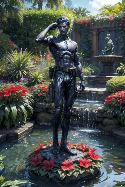 Explosive Combat: Immerse your viewers in the heart-pounding chaos,Call of Duty mobile, with a 4K featuring intense battlefield, explosions and soldiers in action.Special Ops 3 - Air Brush,shinobitech , (Best quality at best,4K,tmasterpiece:1.2),tropical garden,There is a fountain,Ancient Roman soldier bronze sculpture,The statue stands majestically, A stream of water spurted from his hand, Surrounded by vibrant gardens, Featuring exotic flowers and plants such as hibiscus and bromeliads. The garden should have a bold and eye-catching appearance, Have large, colorful leaves. The placement of plants should give people a sense of grandeur, Water features and sculptures add drama.