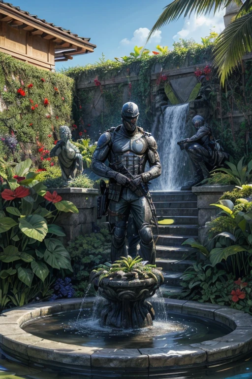 Explosive Combat: Immerse your viewers in the heart-pounding chaos,Call of Duty mobile, with a 4K featuring intense battlefield, explosions and soldiers in action.Special Ops 3 - Air Brush,shinobitech , (Best quality at best,4K,tmasterpiece:1.2),tropical garden，There is a fountain，Ancient Roman soldier bronze sculpture，The statue stands majestically, A stream of water spurted from his hand, Surrounded by vibrant gardens, Featuring exotic flowers and plants such as hibiscus and bromeliads. The garden should have a bold and eye-catching appearance, Have large, colorful leaves. The placement of plants should give people a sense of grandeur, Water features and sculptures add drama.