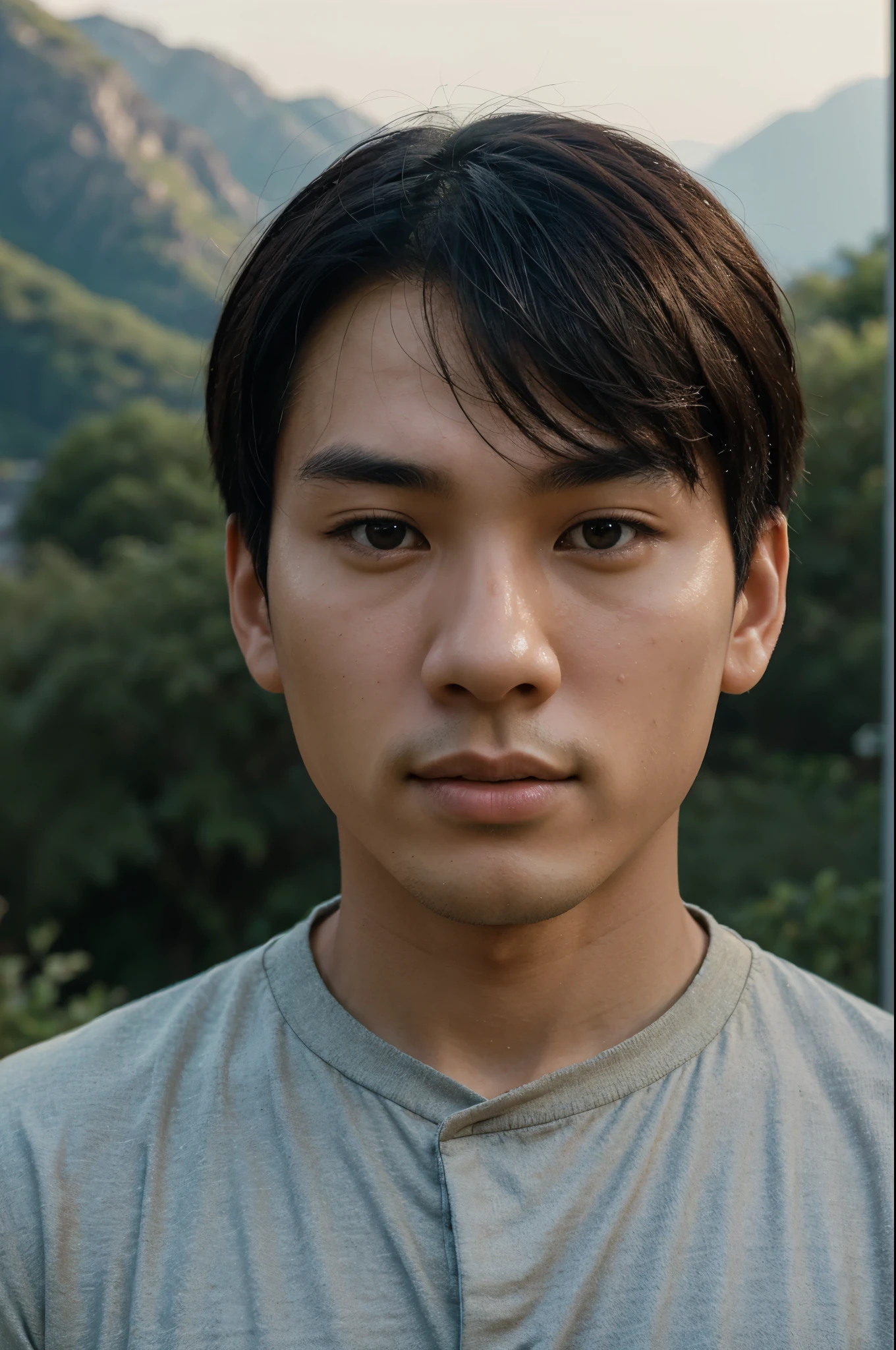 Close-up portrait of a young asian man in a portraiture, his face calm and serene. he is surrounded by a beautiful landscape, perfect, detailed face, exact proportion, soft cinematic lighting, muted colors, hyperrealistic, 8k, octane render