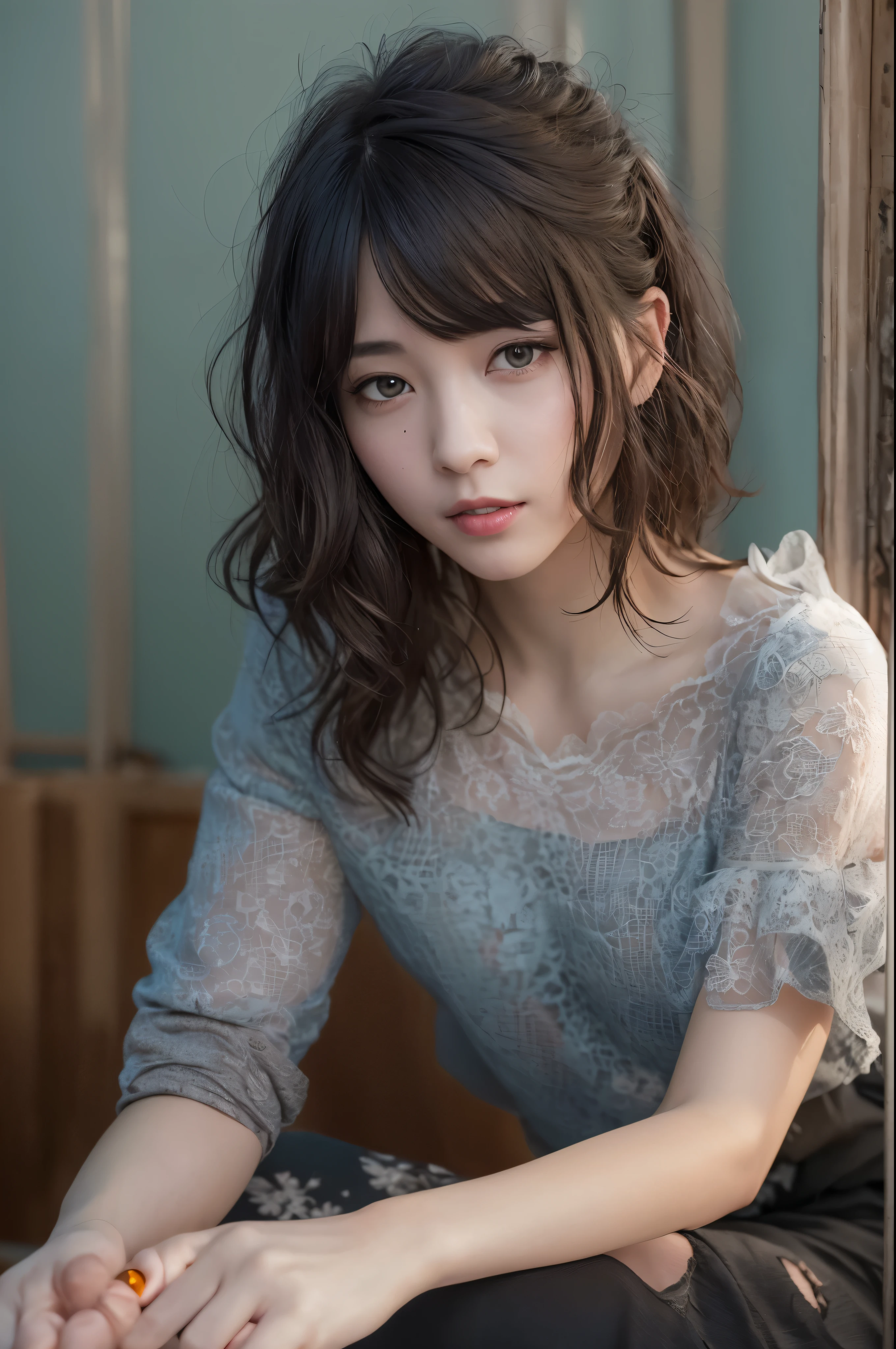 (Raw photo, Best Quality), (Realistic, Photorealsitic:1.3), masutepiece, extremely delicate and beautiful, Extremely detailed, nffsw, Unity, 8K, amazing, finely detail, Ultra-detailed, hight resolution, absurderes, Soft light, (Black hair, Short hair, Curly hair, hair messy, Bangor Tiful Detail Girl, Detailed fingers, extremely detailed eye and face, beautiful detailed nose, Beautiful detailed eyes, (Light on Face), Looking at Viewer, (Closed mouth:1.2), 1girl in, Cute, 年轻, Mature Face, pale skin, (Half body:1.3, sittingium'breastsout), Realistic face, Realistic body, beautiful detailed thigh, (ulzzang -6500-v1.1:0.6), Black shirt, (Semi-smile:1.3),cowboy shot