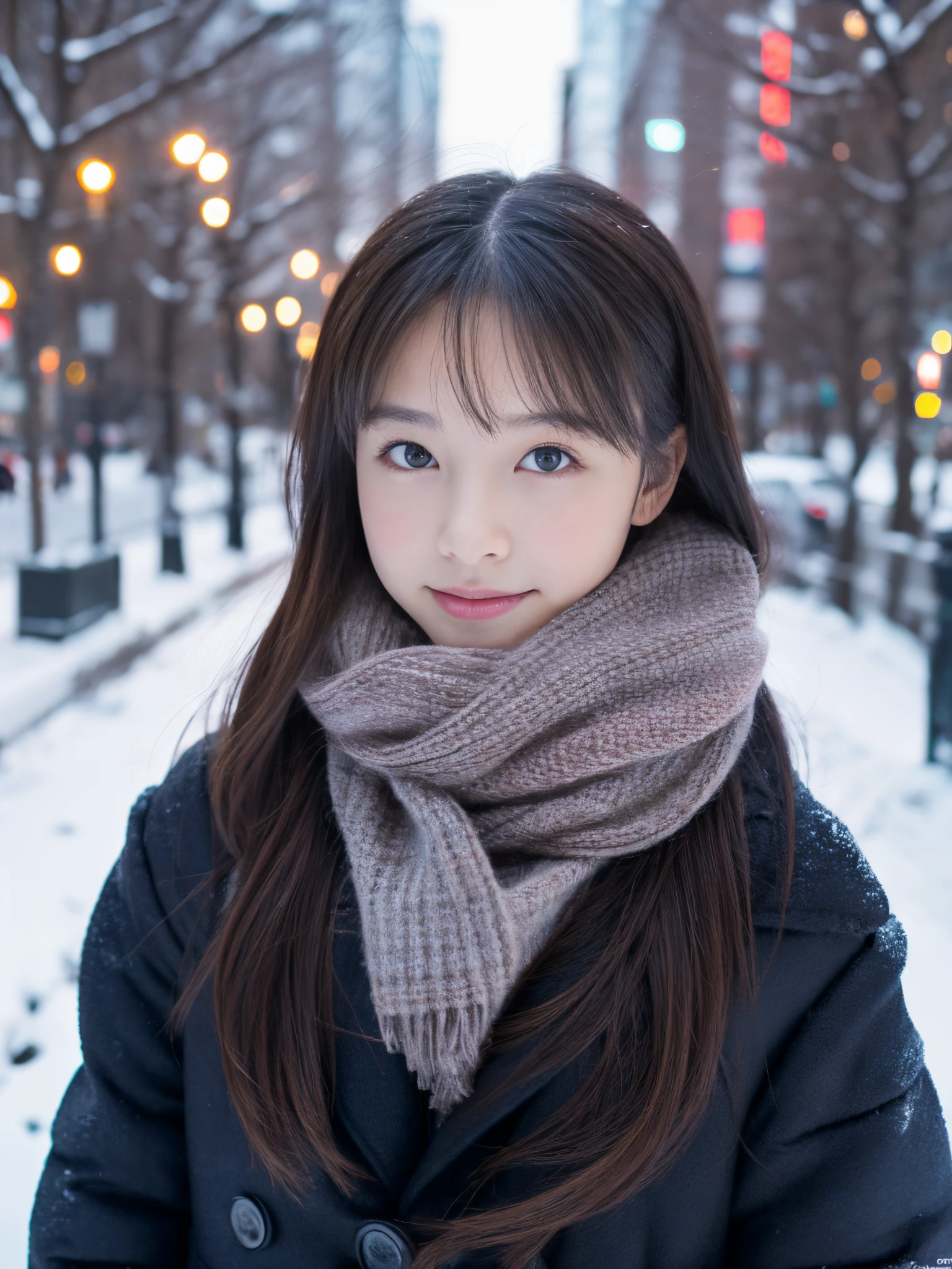 Photorealsitic, 8K, Full body portrait, Beautuful Women, A charming expression, sixteen years old, TOKYOcty, Winters, Shibuya in the background