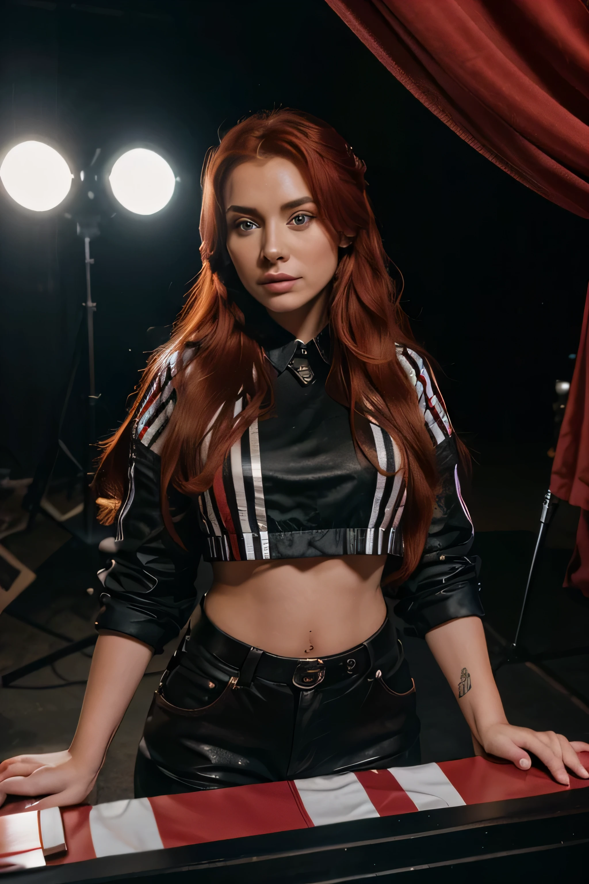Ruzsa Maya the hollywood camera operator who's hair is made of film stripes. Masterpiece, Ultra hyper Photo realistic, detailed, Photorealistic, cinematic wide picture of a whole movie film crew made of Ruzsa Maya the red haired, blue eyed 25 yrs old women. Her hair is made of film stripes. Ruzsa Maya's Red film stripes as red hair on her head. They are working at a filming set in hollywood studio with all the high budget filming gear around. Studio cameras, lights, chrome balls,color charts, microphones, ac converters, magliners, slate, actors, explosions, booms microphones, slates, director chair, tents. Pov, Sony alpha sIII, 15mm objective, detailed, lifelike picture. Human skin, realistic composition lights. Ruzsa Maya's hair is made of red film stripes. Red film striped hair.