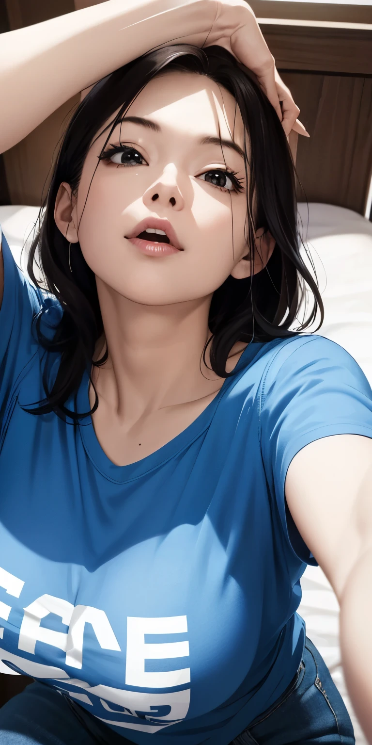 realisticlying、52 year old girl、T-shirt wearing,Face enhancement,Chest super large zoom,Cleavage emphasis,Looking up from the bottom,Blue Shanist'lips are a little red,A sexy,Bed sit,Open your mouth wide、Put your arms around the back of your head、Wearing underwear