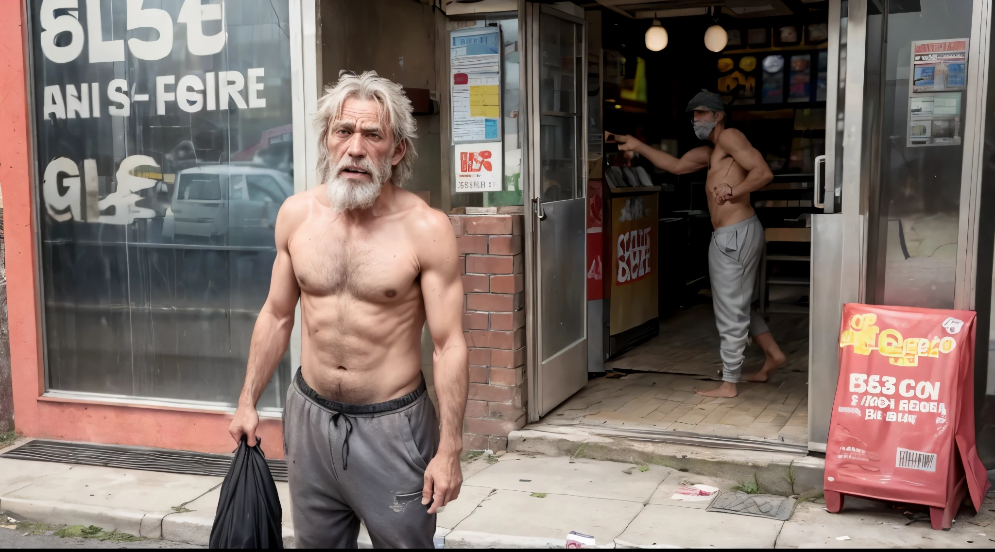 A 48-year-old beggar, unkempt and shirtless, wearing completely tattered sweatpants, without shoes or socks, stands in front of a fast-food joint, glaring at the camera with an expression of anger, demanding a large sum of money. It's a comical scene, reminiscent of slapstick comedy in a film.