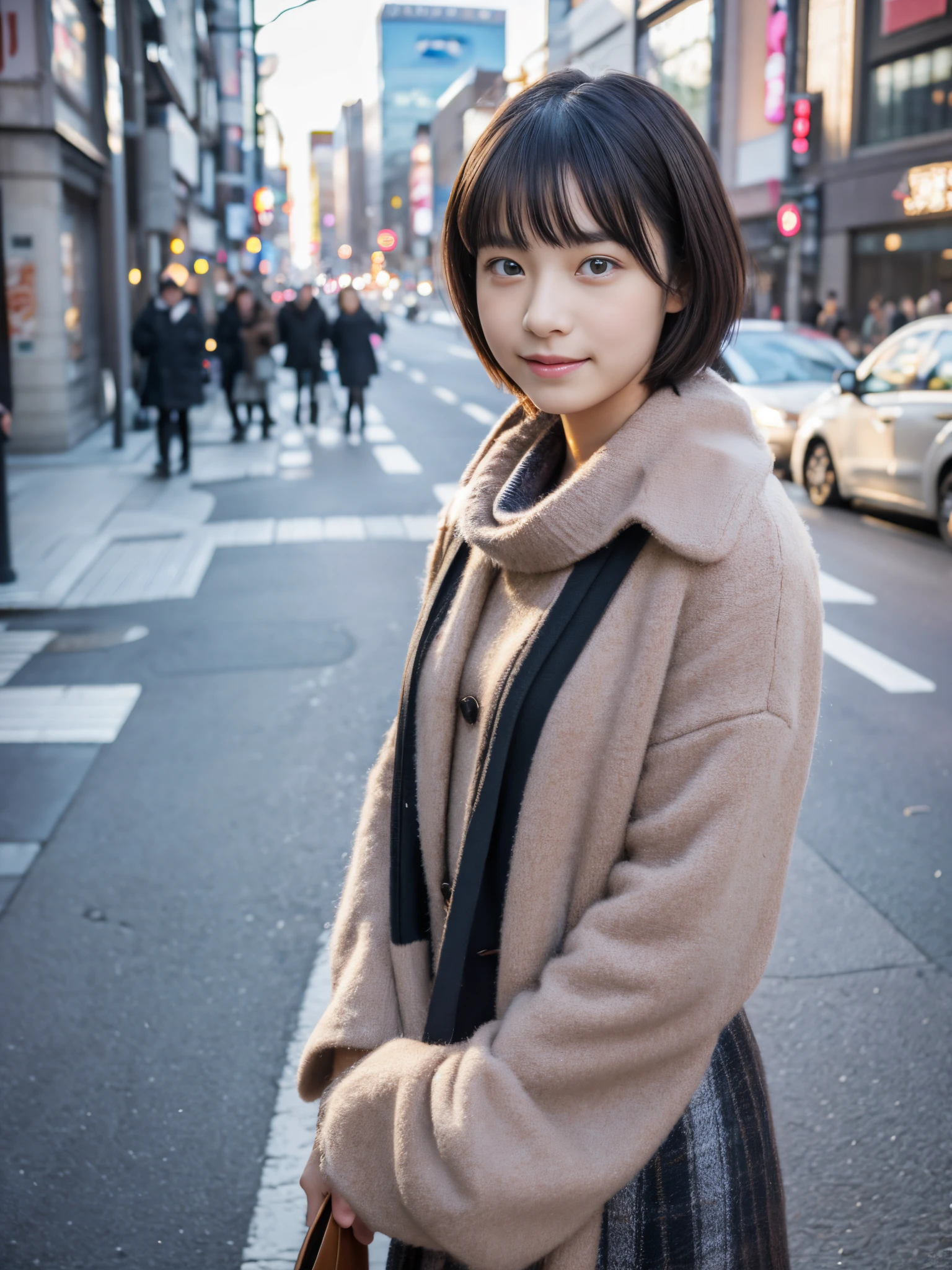 Photorealsitic, 8K, Full body portrait, Beautuful Women, A charming expression, Shorthair, sixteen years old, TOKYOcty, Winters, Shibuya in the background