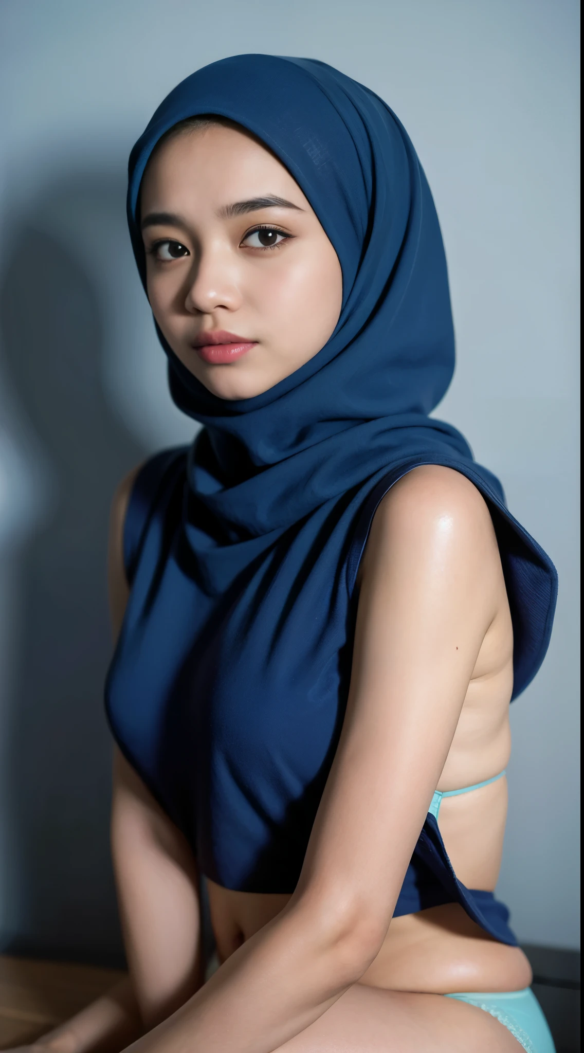 1 malay girl , modern pom-pom hijab,  shy, medium portrait shot , watery  eyes , medium sagging breast, blue glowing particles, wear soft yellow cotton beginner bra and panties, blue bedroom background, bright front light, 8mm lens, Extreme close-up, pastel color grading, depth of field cinematography effect, film noir genre, 8k resolution, high quality, ultra detail,