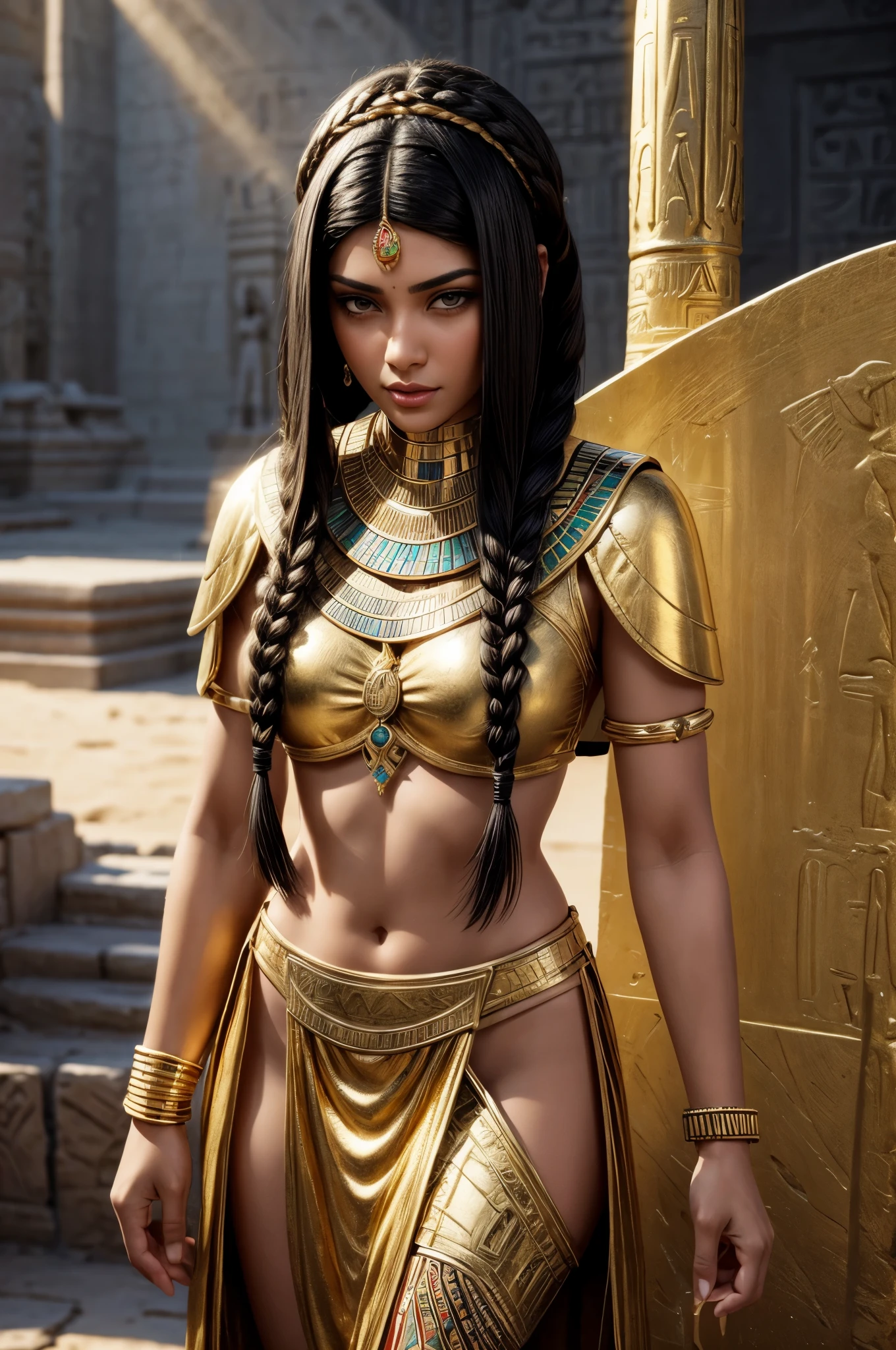 Egyptian woman, pharaoh, gold jewelry, Masterpiece,  Ultra realistic, Photo realism, standing, short black hair in braids, bobcut, cowboy shot