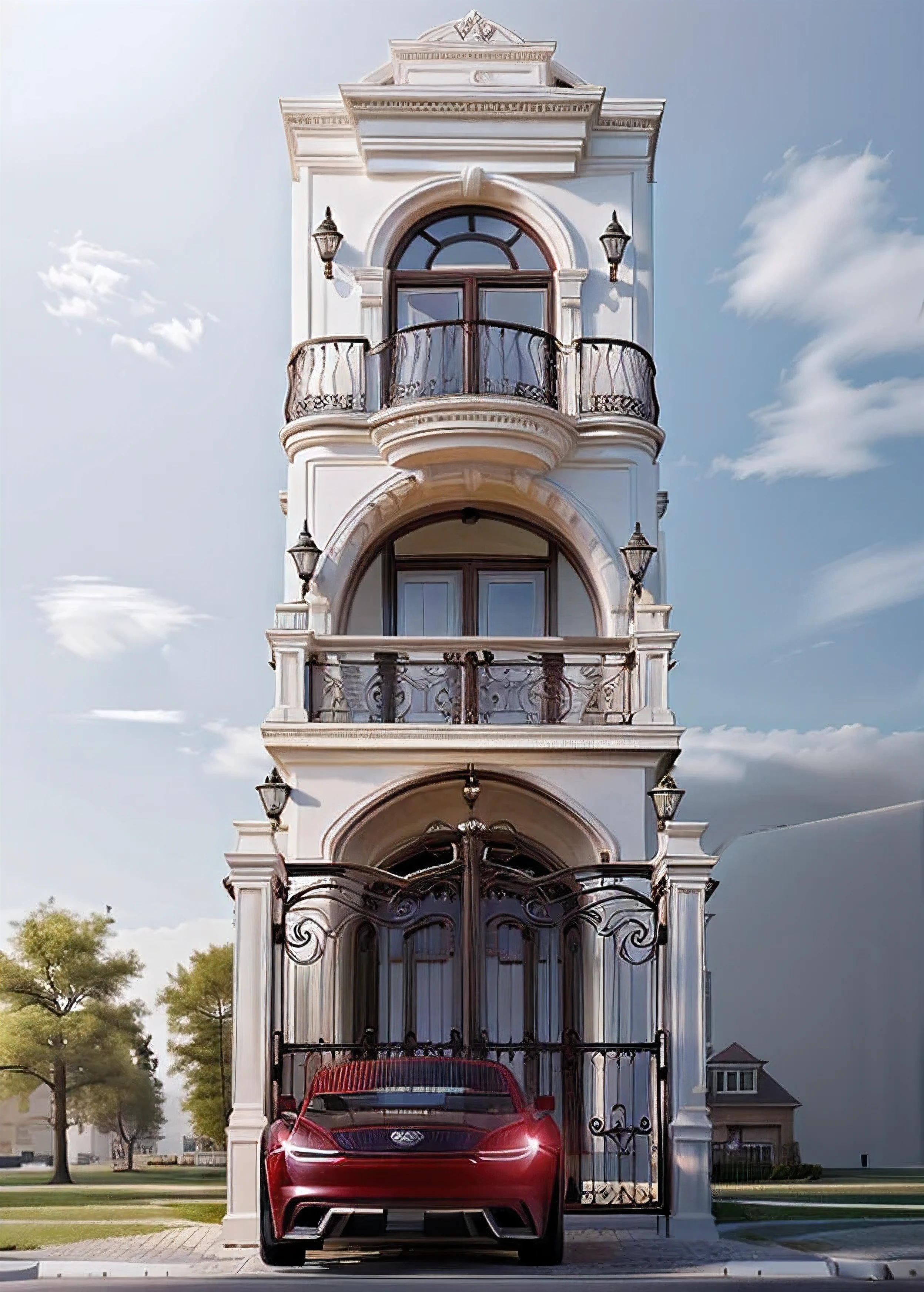 Architectural masterpiece, best quality, 16k image, classic architecture, white painted walls, car parked in front yard, arched door, artistic iron railing, arched door, wall lamp, best quality, detail most detailed, 3d max rendering