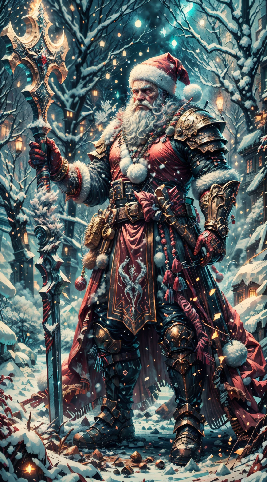 Santa Claus as the boss of the game "Dark Souls" in the Christmas DLC,best quality,4k,8k,highres,masterpiece:1.2,ultra-detailed,realistic:1.37,[HDR],[UHD],[studio lighting],extremely detailed face,beautiful detailed eyes,beautiful detailed lips,long eyelashes,[physically-based rendering],powerful physique,wearing a red and white armor suit with intricate designs,[imposing presence],holding a mighty candy cane [greatsword],surrounded by a snowy landscape,with large icicles hanging from the environment,casting a golden aura,[epic battle scene],intense fire and smoke effects,[vivid colorokeh],blue and white color scheme with hints of gold, dramatic lighting with warm highlights and cool shadows.