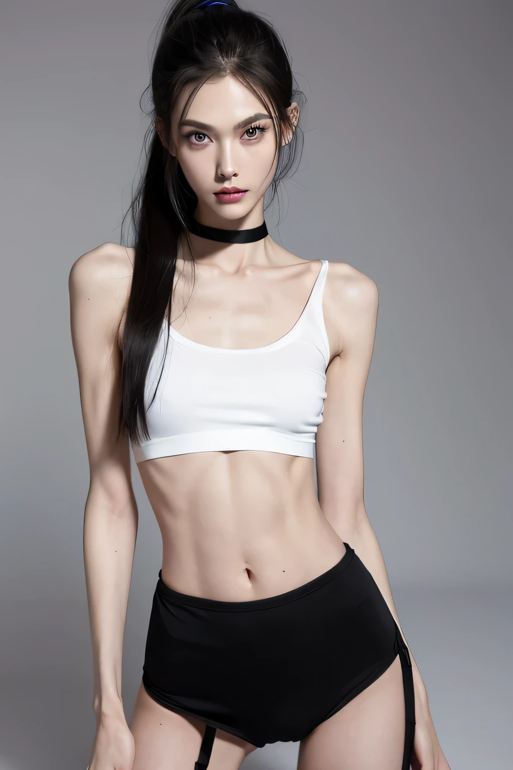 Photograph of an anorexic emaciated extremely skinny female model, red mesh leg garters, hands on waist like wonder woman pose, black 8" wide neck choker, naked below waist, light white cotton shirt, black hair with ponytail, big blue eyes, bright red lipstick, heavy black mascara and long thick eye lashes, full body photograph, incredibly skinny body, extremely skinny body, emaciated body, tiniest waist ever, well-defined collar bones, well-defined hip bones, well-defined ribcage, extremely skinny arms and legs, weak and fragile body, masterpiece, anatomically correct, textured skin, super detail, high details, high quality, best quality.
