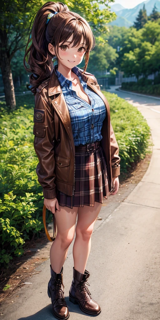 1girl, solo, full body, village, trees, brown hair, long hair, curly hair, ponytail, large breasts, button down shirt, ((blue checked shirt)), ((unbuttoned shirt)), brown eyes, ((opened brown zipper jacket)), leather jacket, skirt, grin, looking at the viewer, standng, hair ribbon
