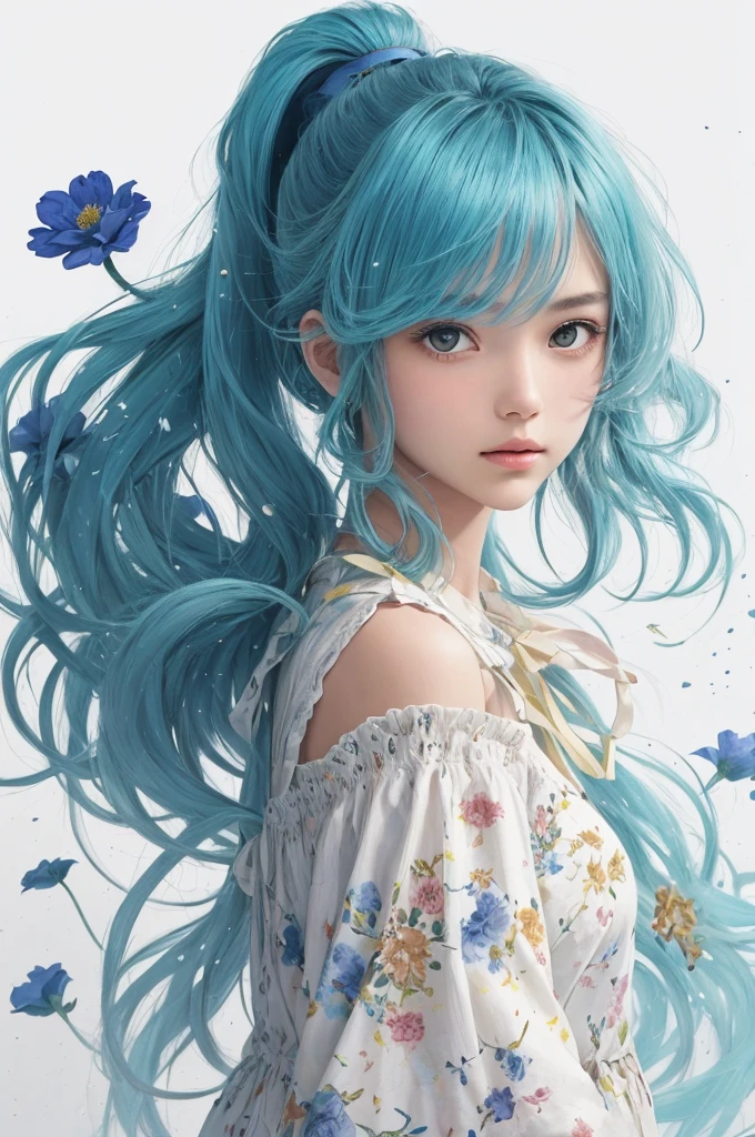 (masterpiece), (best quality), (ultra detailed),(disheveled hair),(illustration), (1girl), (Fashionable clothing), standing, Fashion model, looking at viewer, (interview), (simple background),beautiful detailed eyes, delicate beautiful face, Floating,(high saturation),(colorful splashes),colorful bubble,(shining), focus on face, ponytail, kamisato ayaka, light blue hair, bangs, hair ring, floating flowers, floating hairs, (shining), best lighting, best shadow,