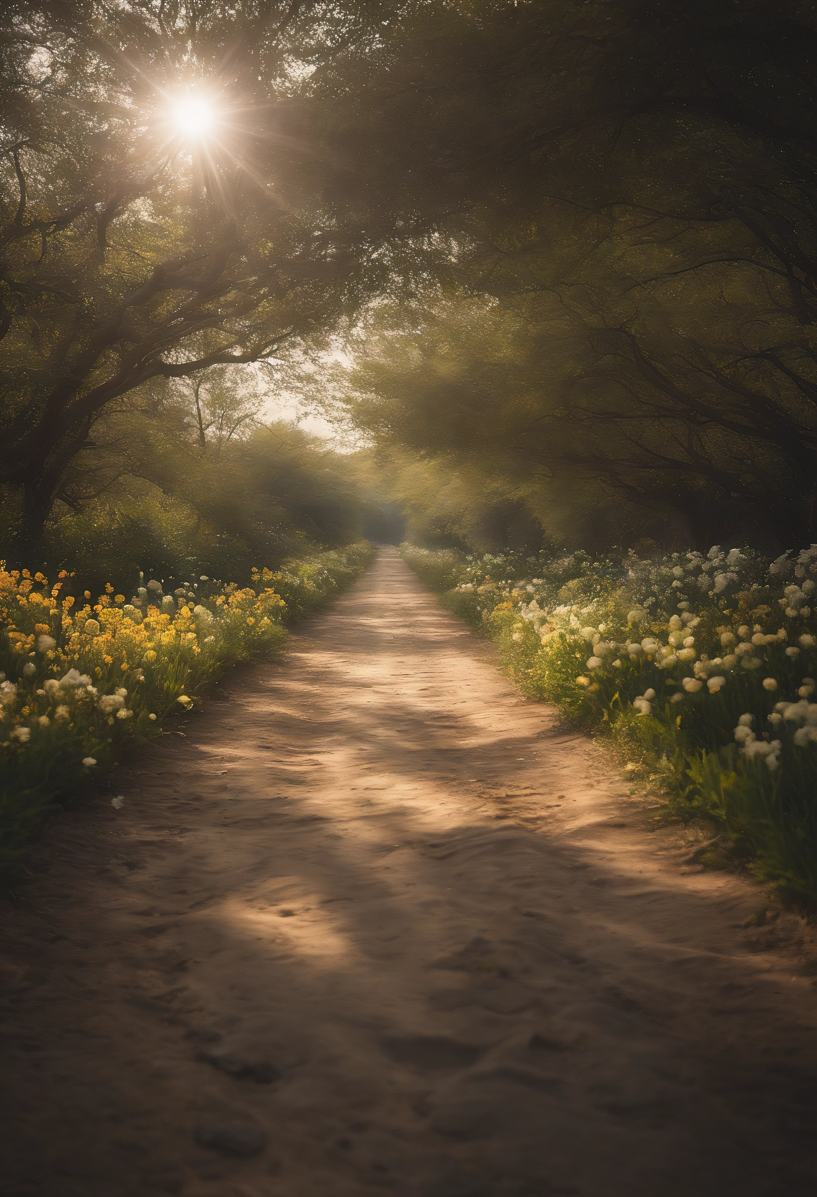 一片White flowers海，and the sun was shining brightly，The light from the rear window is backlit，There is a clearing in the middle of the sea of flowers，There is a clearing in the middle，There is a path in the center of the screen，The path leads to the distance，Near real and far virtual，White flowers，There is a road in the middle that leads to the distance，the setting sun，变得and the sun was shining brightly，Background with，detail-rich，フォトリアリスティック，真实感，4K分辨率，Rich texture，The painting style is gentle