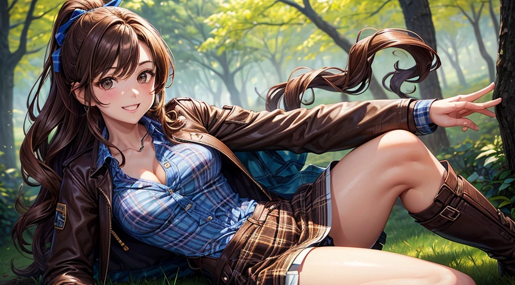 1girl, solo, village, trees, brown hair, long hair, curly hair, ponytail, blue eyes, large breasts, button down shirt, ((blue checked shirt)), ((unbuttoned shirt)), ((opened brown zipper jacket)), leather jacket, red and black skirt, smile, looking at the viewer, standng, hair ribbon