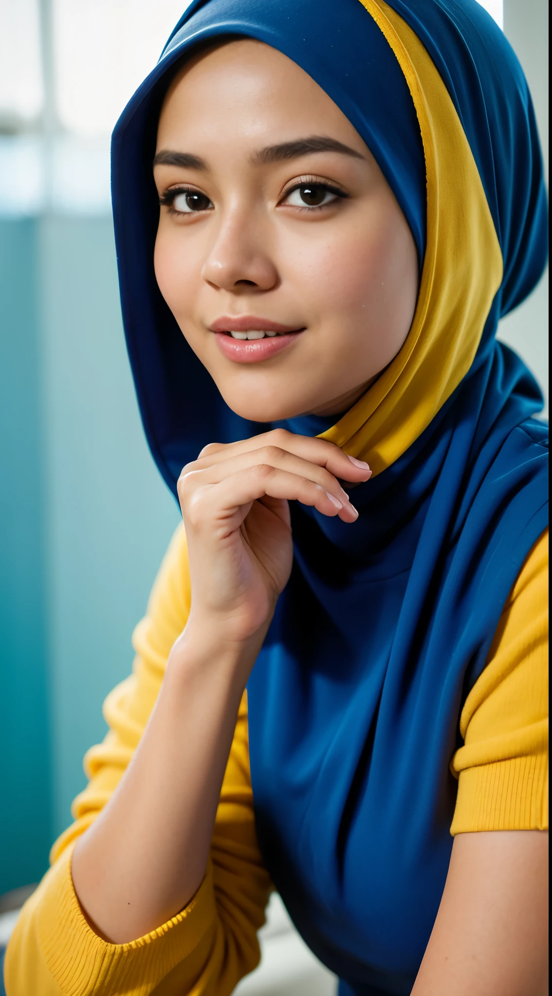 1 malay girl , modern pom-pom hijab, shy, medium portrait shot , watery eyes , medium sagging breast, blue glowing particles, wear soft yellow cotton beginner bra and panties, blue bedroom background, bright front light, 8mm lens, Extreme close-up, pastel color grading, depth of field cinematography effect, film noir genre, 8k resolution, high quality, ultra detail,