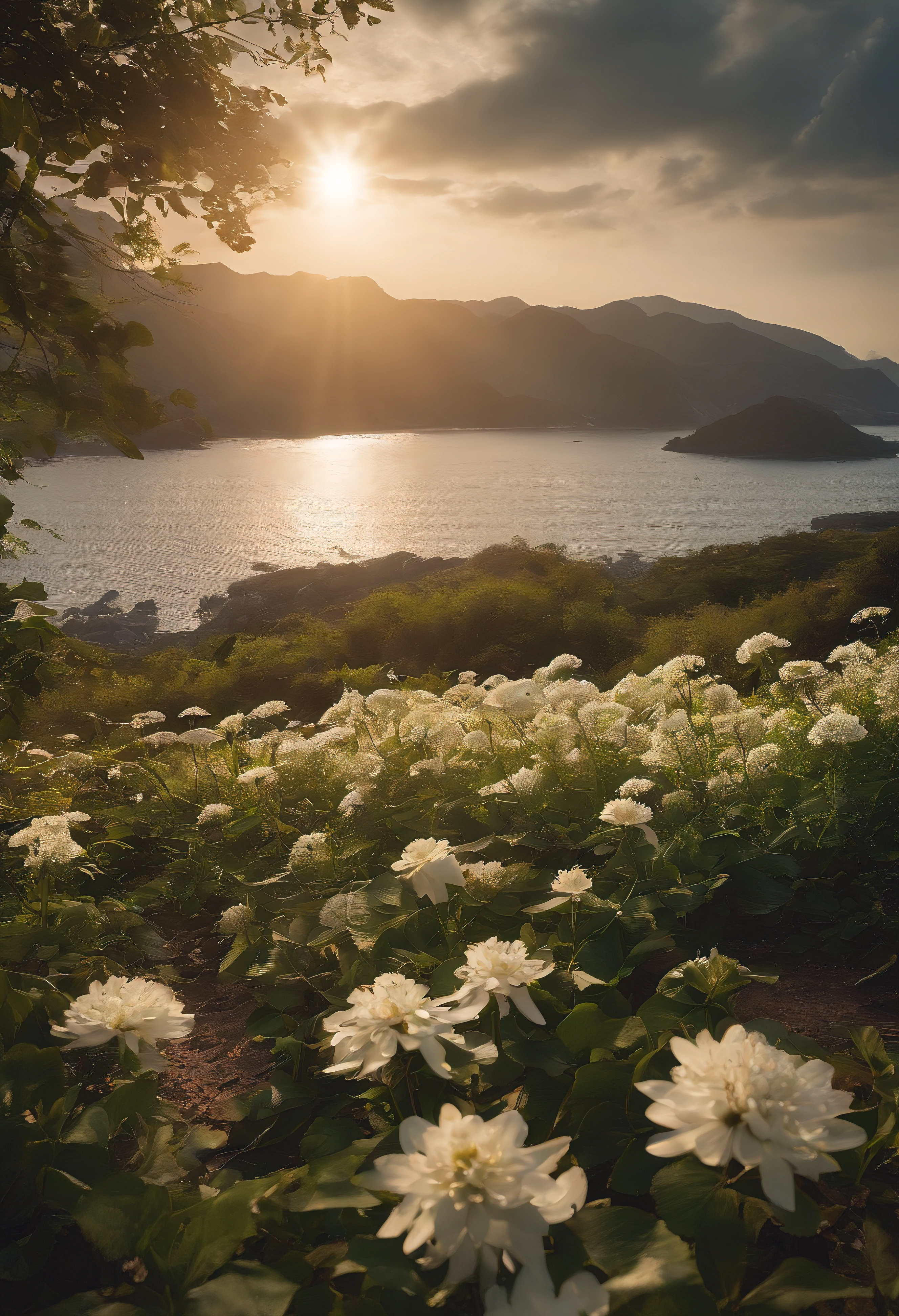 一片White flowers海,and the sun was shining brightly,The light from the rear window is backlit,There is a path in the middle of the sea of flowers,there is space between,There is a path in the center of the screen,The path leads to the distance,Near real and far virtual,White flowers,There is a road in the middle that leads to the distance,the setting sun,变得and the sun was shining brightly,detail-rich,フォトリアリスティック,真实感,4K分辨率,Rich texture,The painting style is gentle