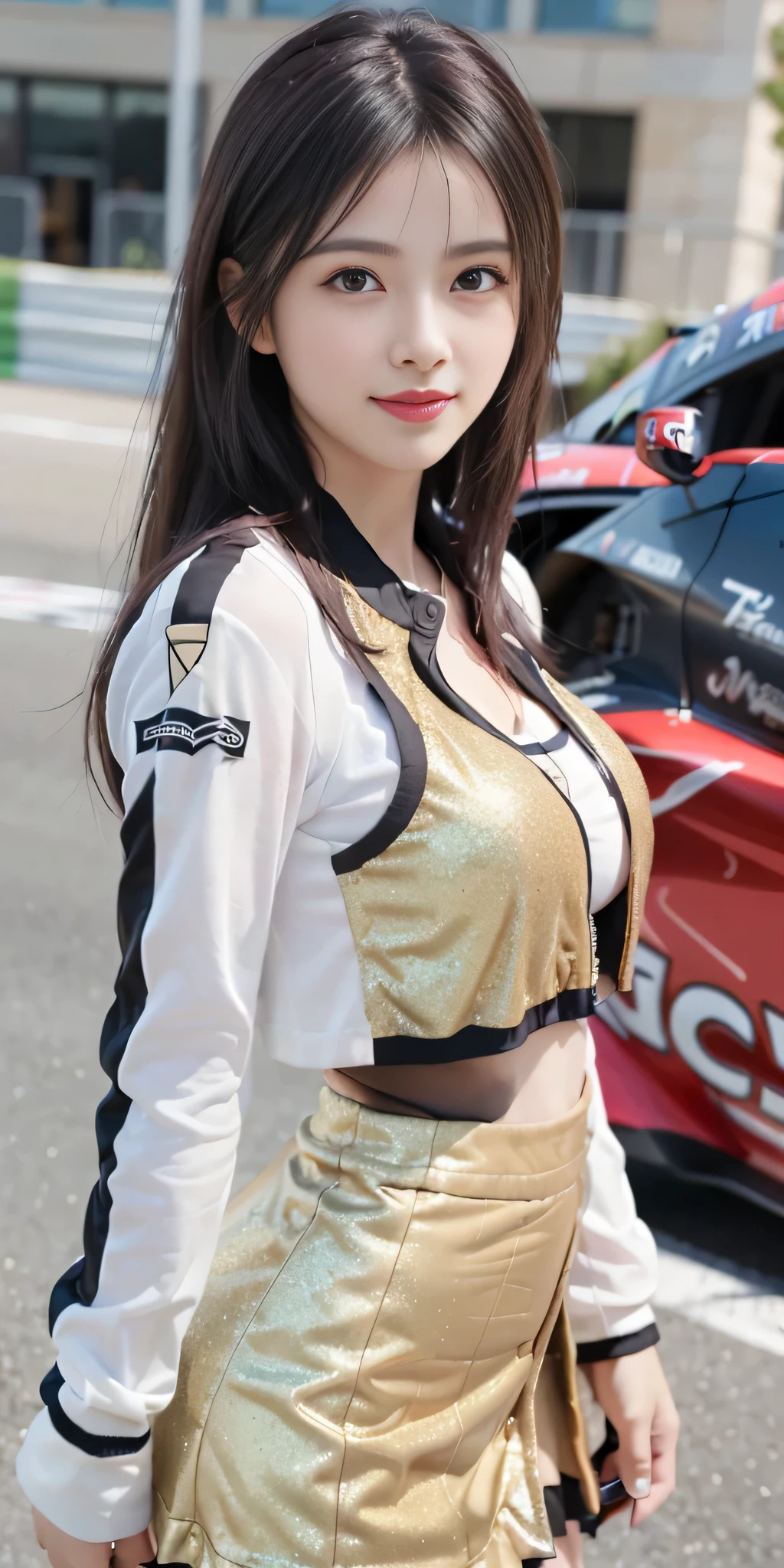 (8K, Raw photo, Best Quality, masutepiece:1.2), (Realistic, Photorealsitic:1.37), 超A high resolution, 1girl in, 18 years old, (Idol:1.4), (famous actress :1.4), (beautifull detailed face:1), Bangs, (Multicolor floating hair), Skin Dentation, Light makeup, (Beautiful big breasts:1.3), (gleaming skin:1.1), Shiny skin, long limbs, slim, hanging breasted:1.3, Narrow waist, medium hips, thin legs, slim thigh, Dynamic lighting, Sexually suggestive faces, Glossy texture, lip stick, V-shaped eyebrows, v-line jaw, Looking at Viewer, (Very beautiful hairstyle:1.3), (Perfect face:1.4), ((heavy wind)), Flowing hair, audience, (Smile:1.3), blue-sky, High Mountains, (((Suzuka Circuit))), (((racing car))), (((Racing Bikes))), ((Promotion Girl:1.3)), ((Grid Girl:1)), Pink lip, Light makeup, (Detailed promotional costumes are intricately worn:1.10), lace-up boots, cropped tops, (Tube Top Bra:1), knee high, (((Nylon long sleeve jacket with many logos))), ((Nylon knee length long skirt)), (nylon glitter pleated skirt), small ass, ((Promotional wear with logo)), (((White and red&black and gold line glitter promotional wear))), (((Match the top and bottom colors of your clothes))), Fingerless gloves, A dark-haired, Brown hair, Red hair, Blue eyes, (Dynamic Angle), Walking, audience,