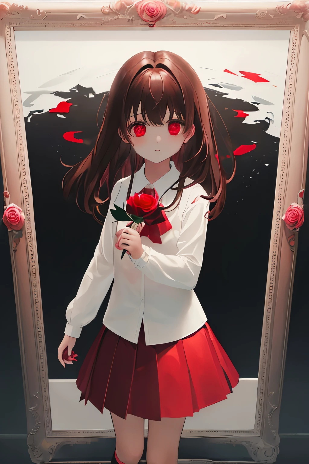 (9  girl:1.5)，(red eyes:1.3)，(Eyes without light:1.3)，(Brown hair，Medium hair:1.4)，(white  shirt:1.3)，(Red ribbons:1.3)，(a red skirt:1.3)，(Black socks:1.3)，(Red shoes:1.3)，(Lots of picture frames:1.3)，(dark ilumination:1.5)，(I have one red rose:1.5)，art gallery，Blue roses，Yellow roses，(Straight face:1.4)，Walking alone